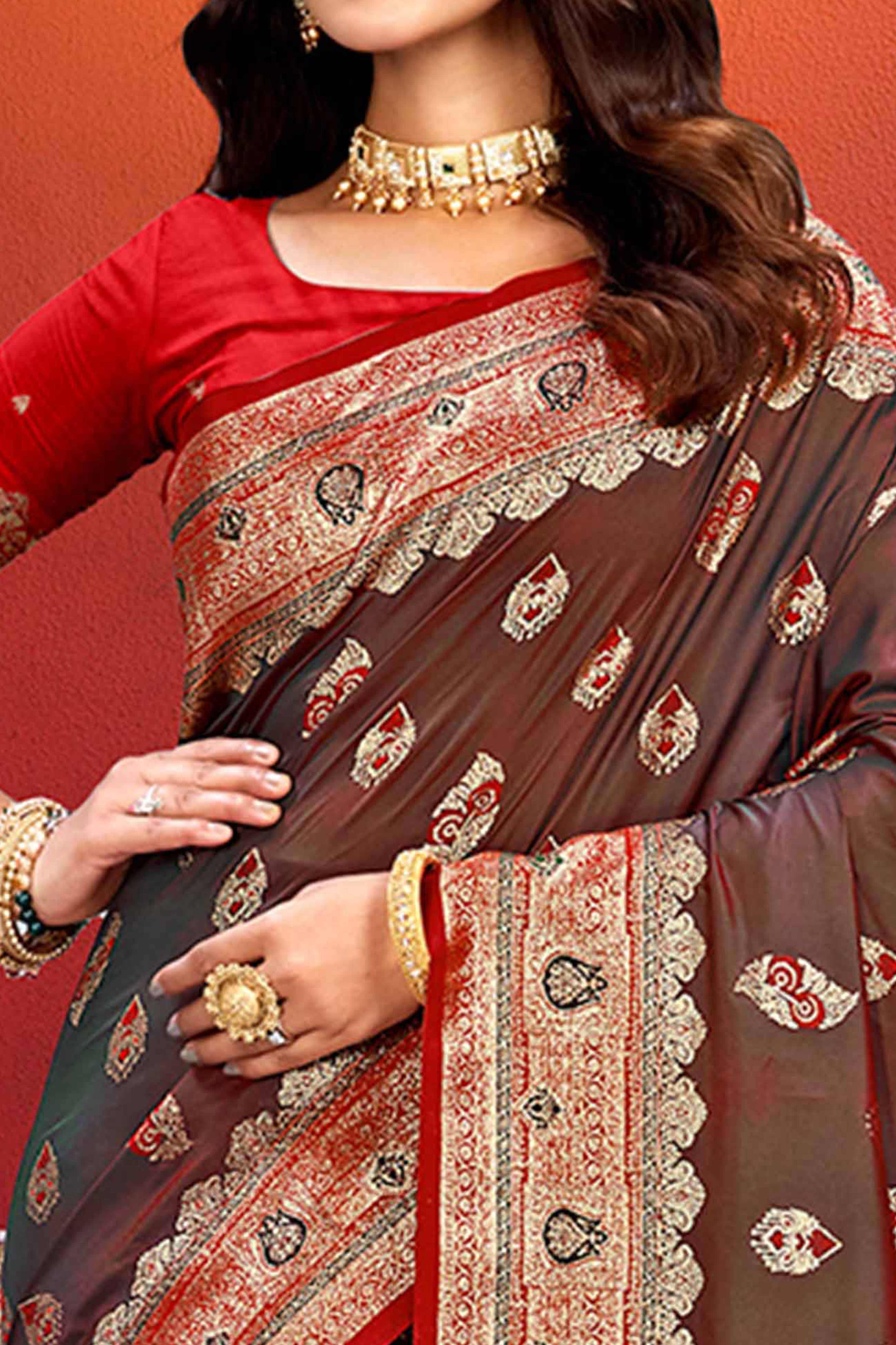 Designer Brown Floral Zari Weaving Silk Blend Saree With Stylish Tassel Pallu