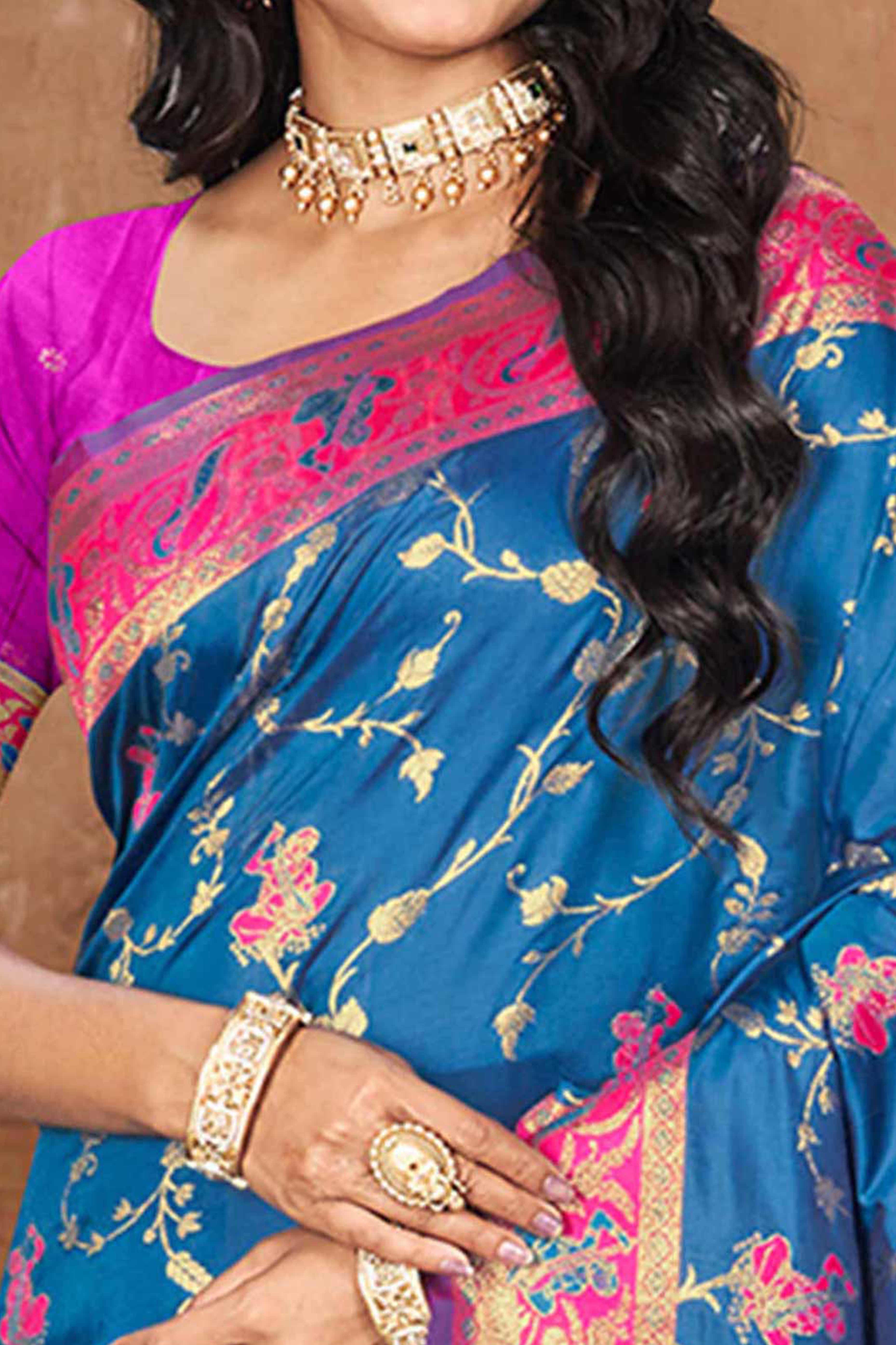 Radiant Blue Floral Zari Weaving Silk Blend Saree With Tassel Pallu