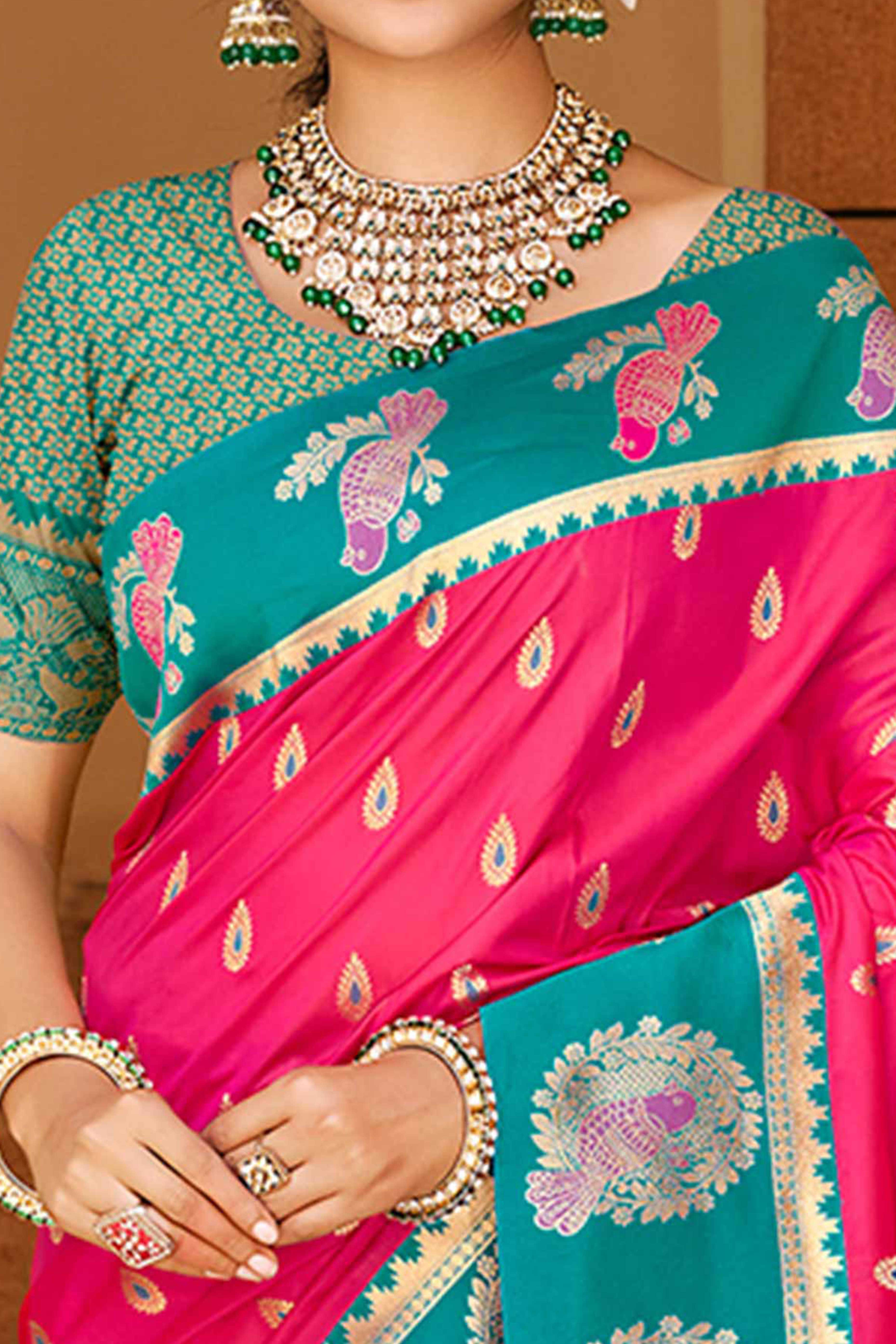 Stunning Rani Pink Floral Weaving Silk Blend Saree With Birds Design Border & Tassel Pallu