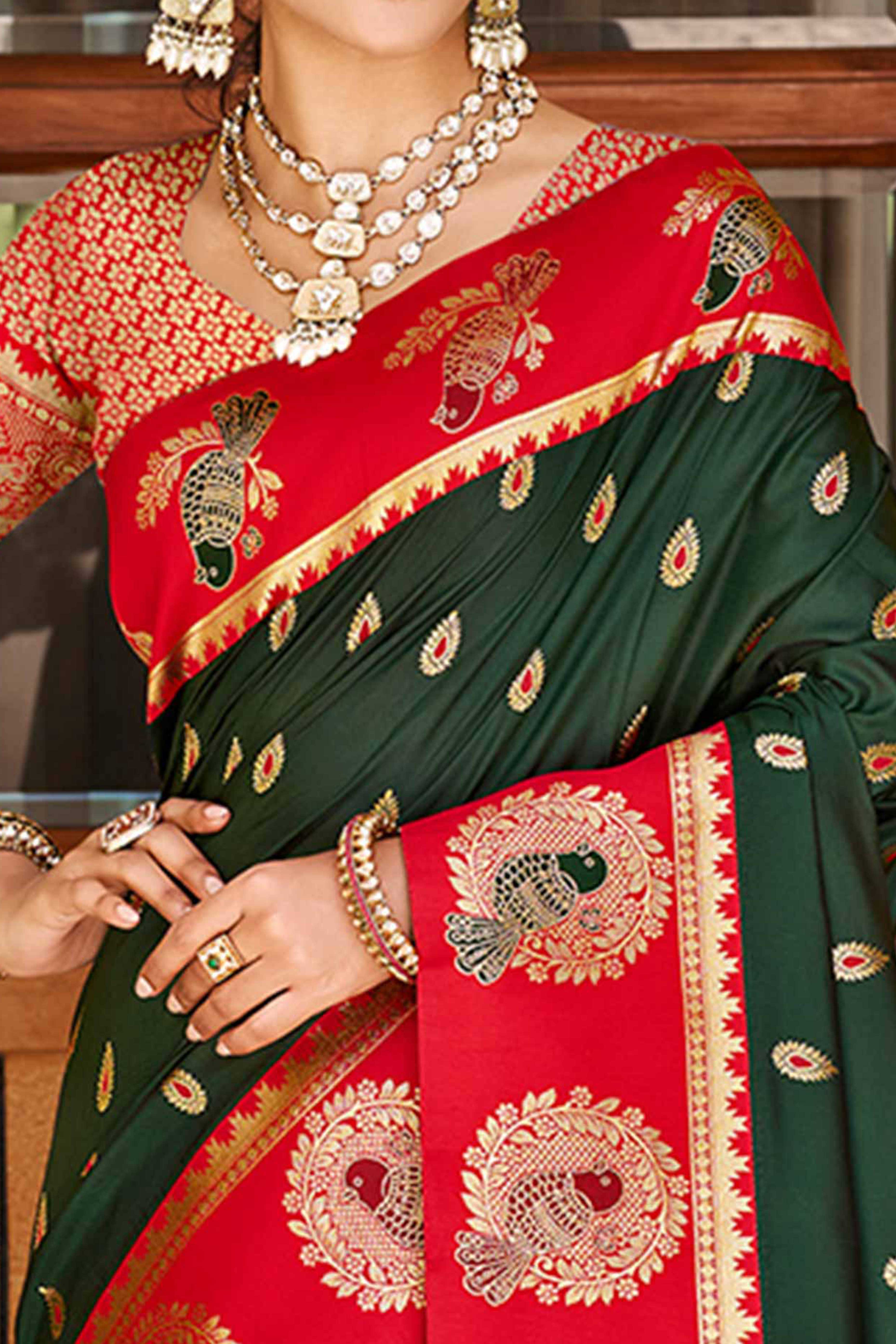 Stunning Dark Green Floral Weaving Silk Blend Saree With Birds Design Border & Tassel Pallu