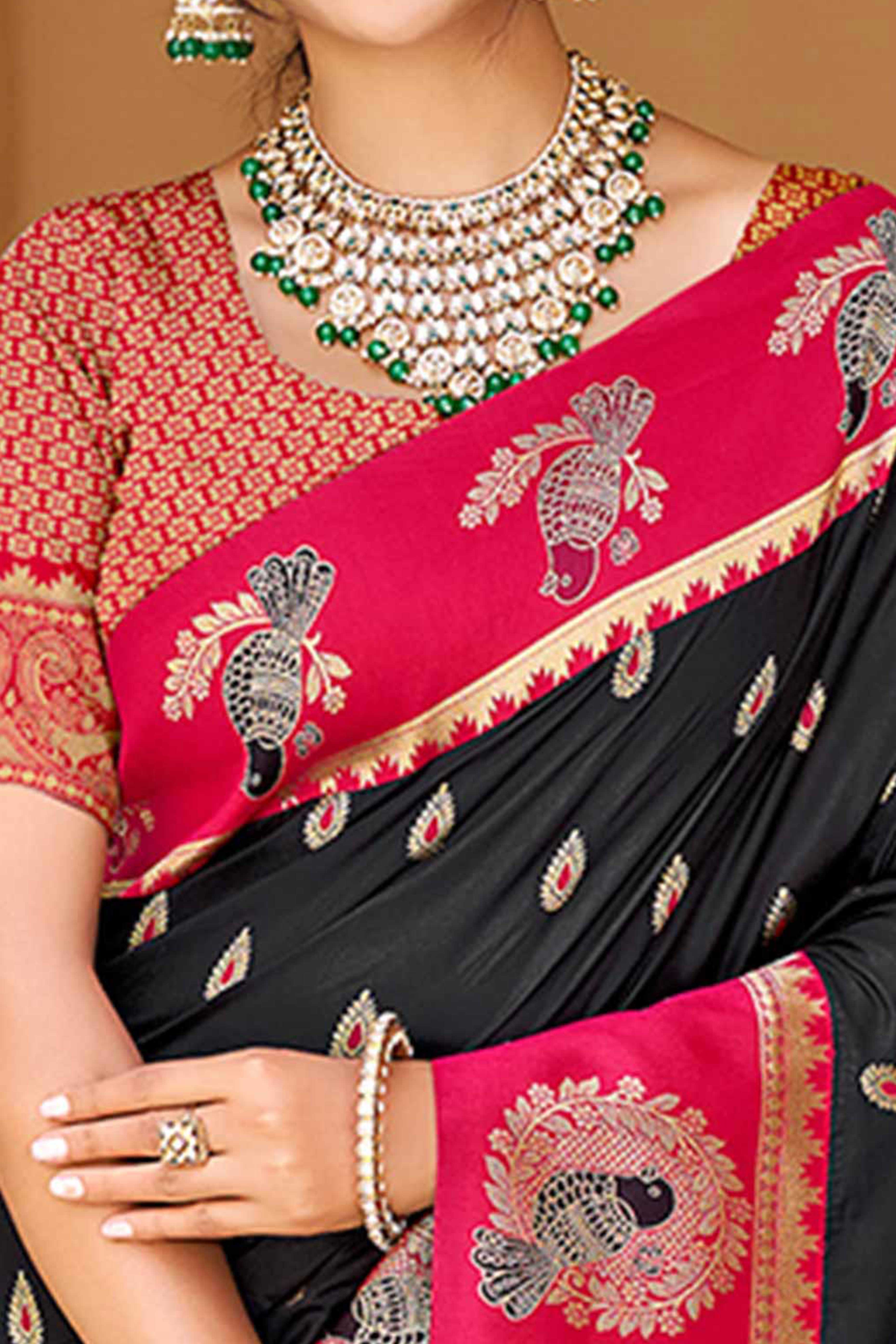 Stunning Black Floral Weaving Silk Blend Saree With Birds Design Border & Tassel Pallu