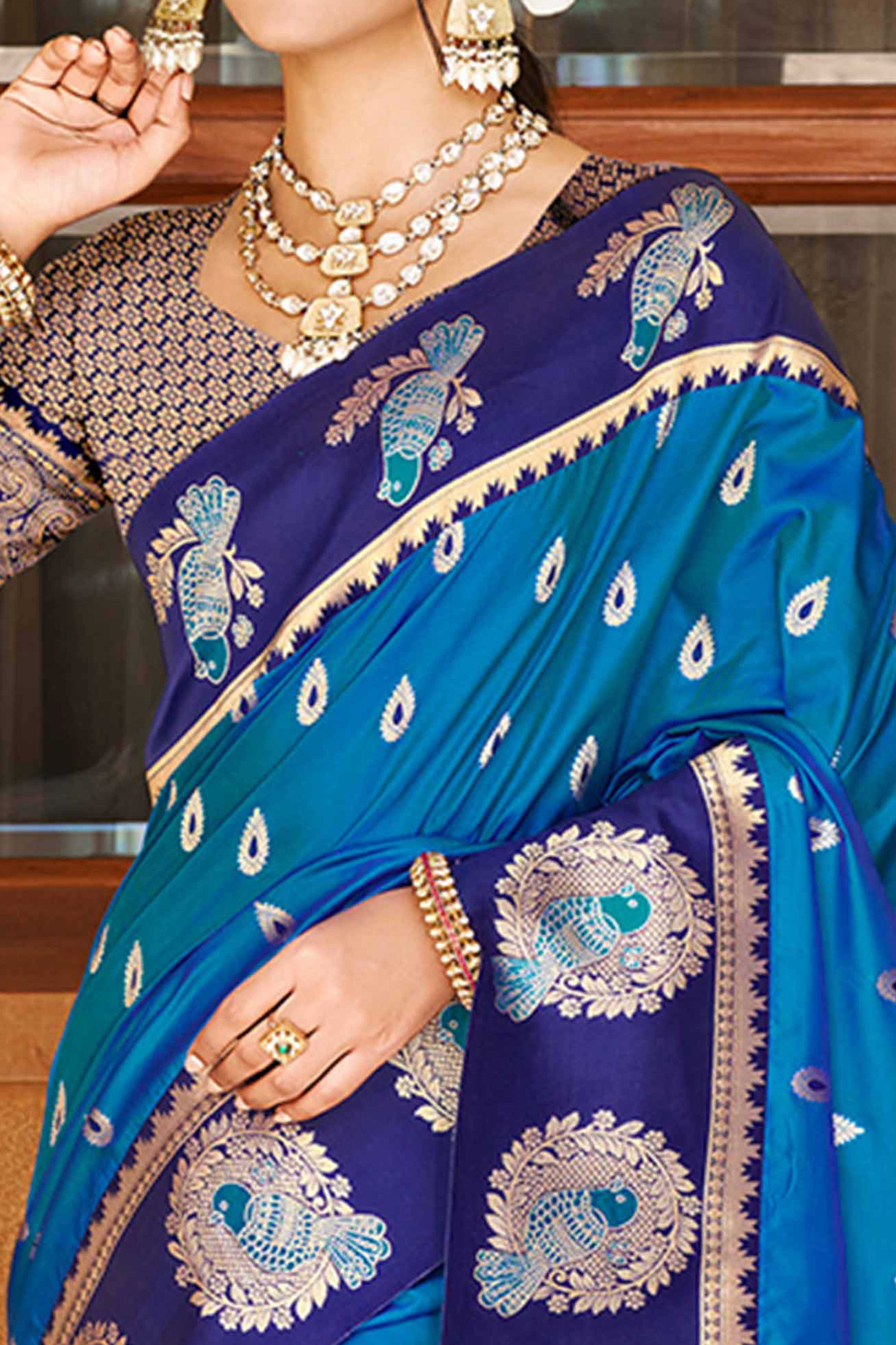 Stunning Blue Floral Weaving Silk Blend Saree With Birds Design Border & Tassel Pallu