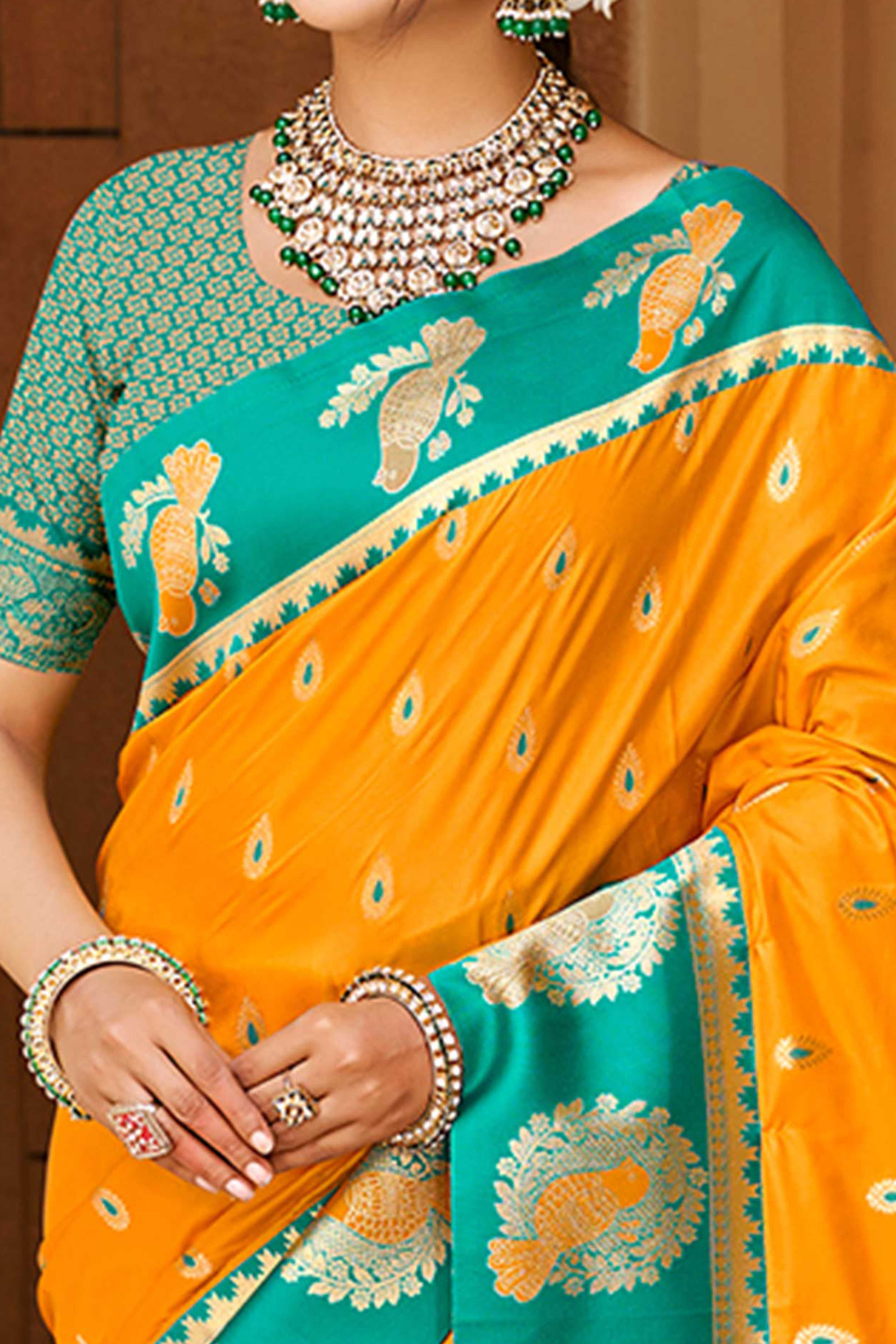 Stunning Mustard Floral Weaving Silk Blend Saree With Birds Design Border & Tassel Pallu