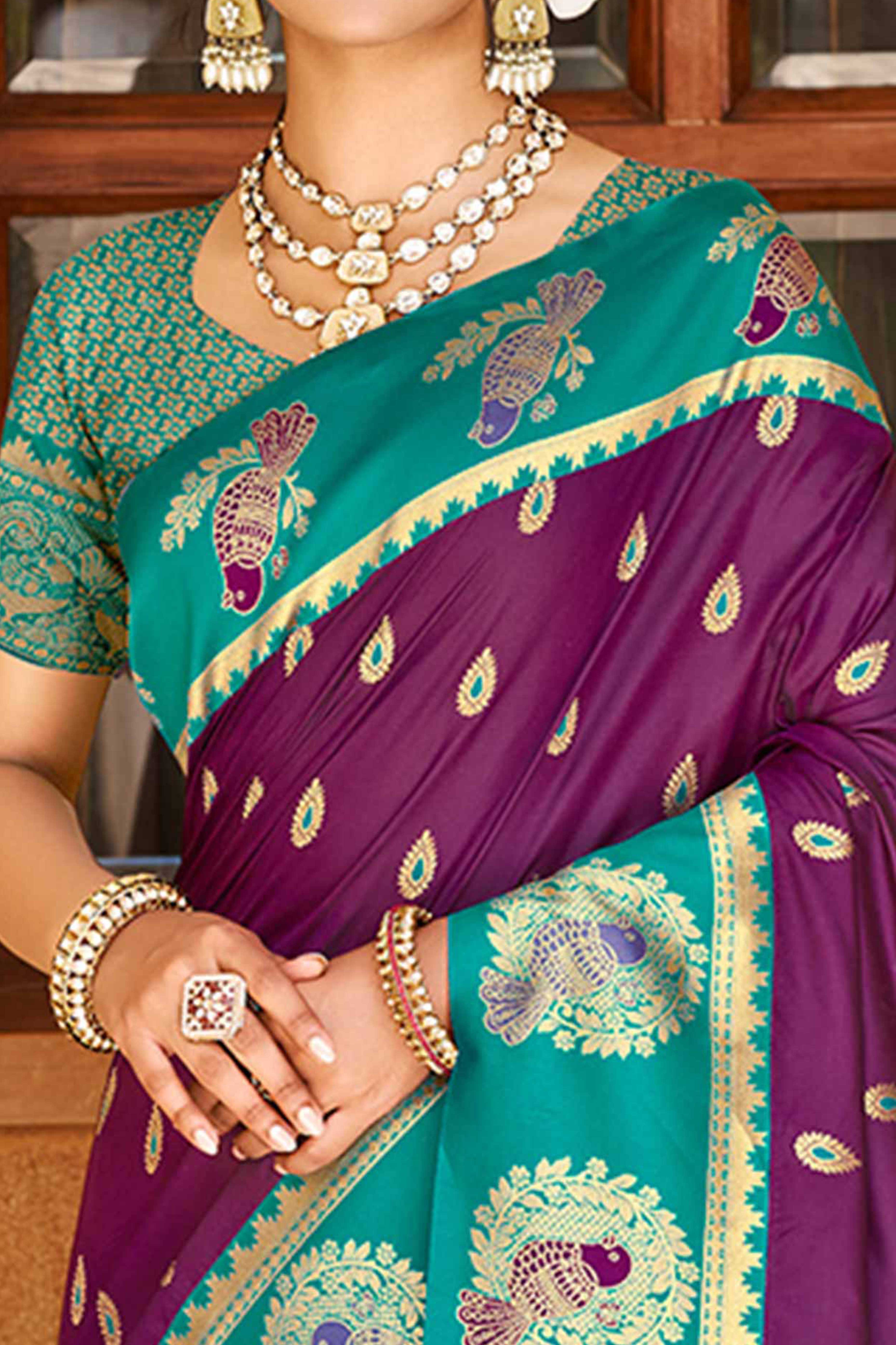 Stunning Purple Floral Weaving Silk Blend Saree With Birds Design Border & Tassel Pallu