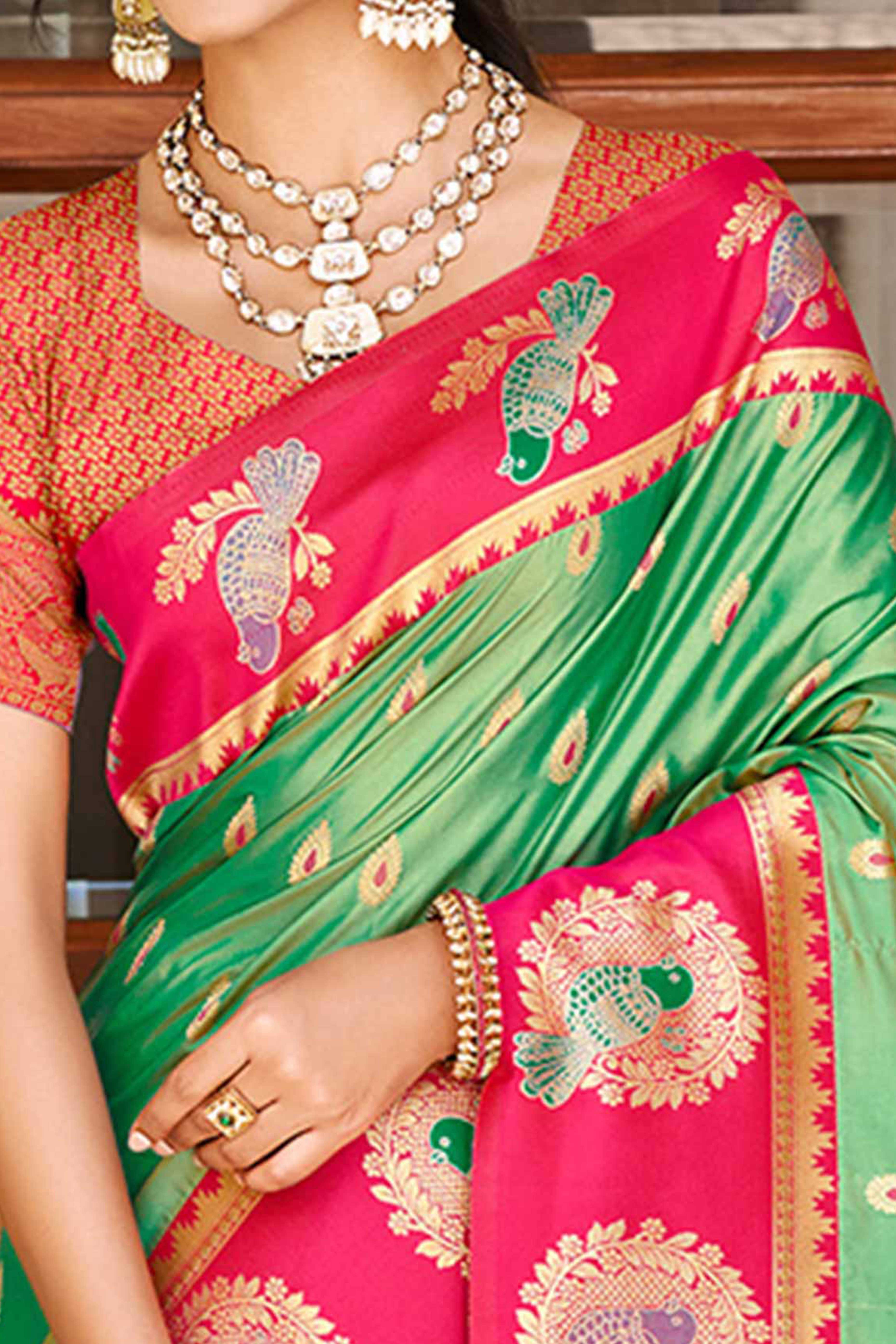 Stunning Green Floral Weaving Silk Blend Saree With Birds Design Border & Tassel Pallu