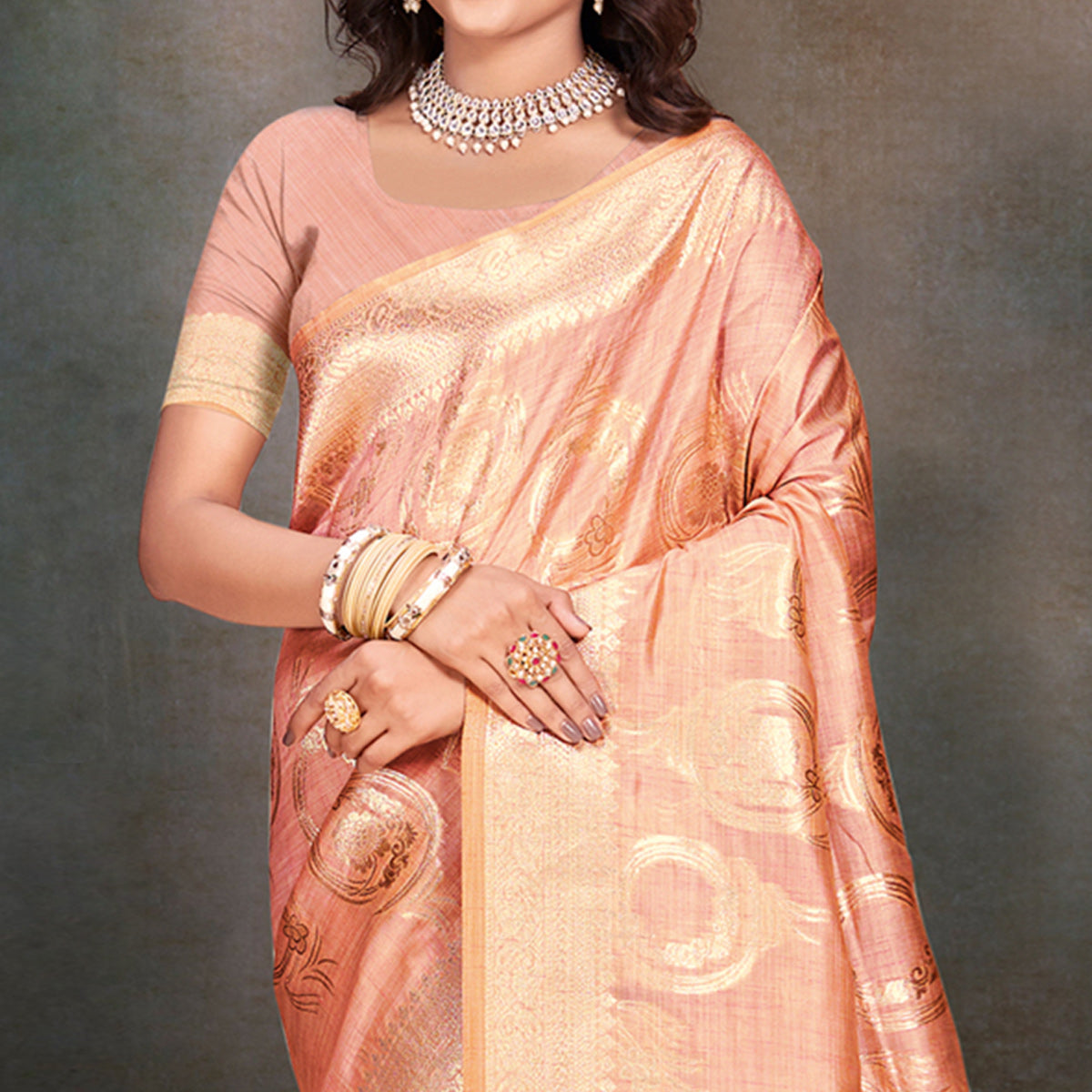 Peach Floral Woven Cotton Silk Saree With Tassels