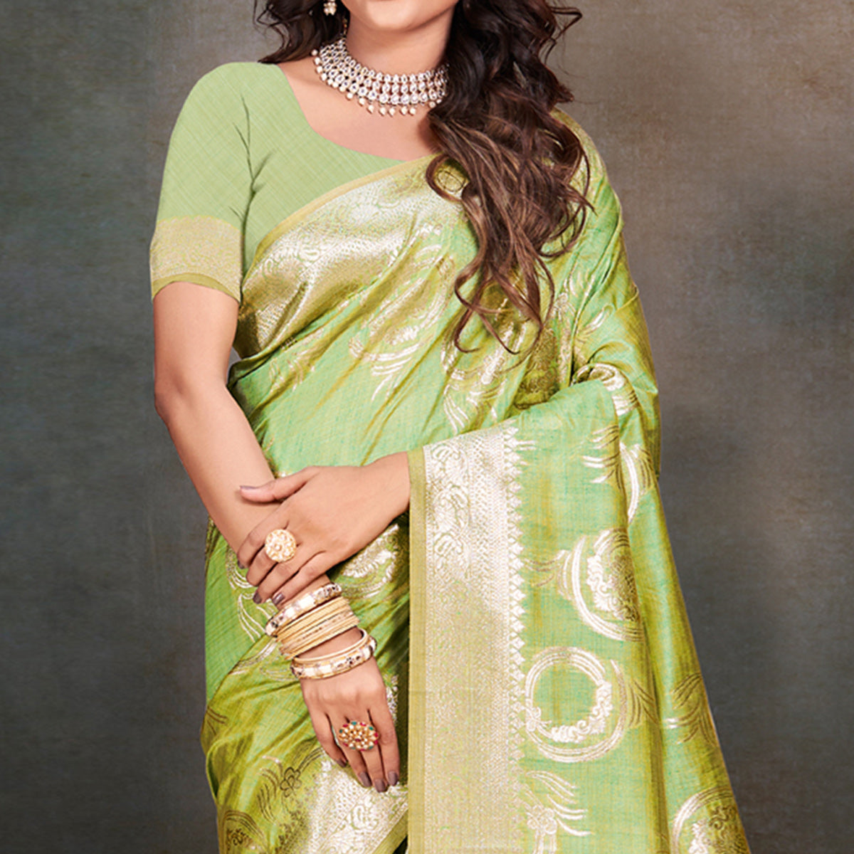Parrot Green Floral Woven Cotton Silk Saree With Tassels