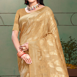 Beige Floral Woven Cotton Silk Saree With Tassels