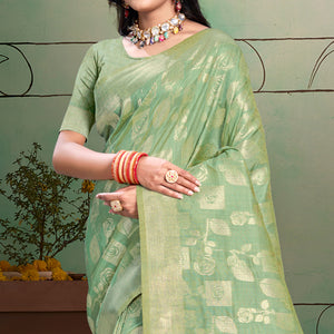Sea Green Floral Woven Cotton Silk Saree With Tassels