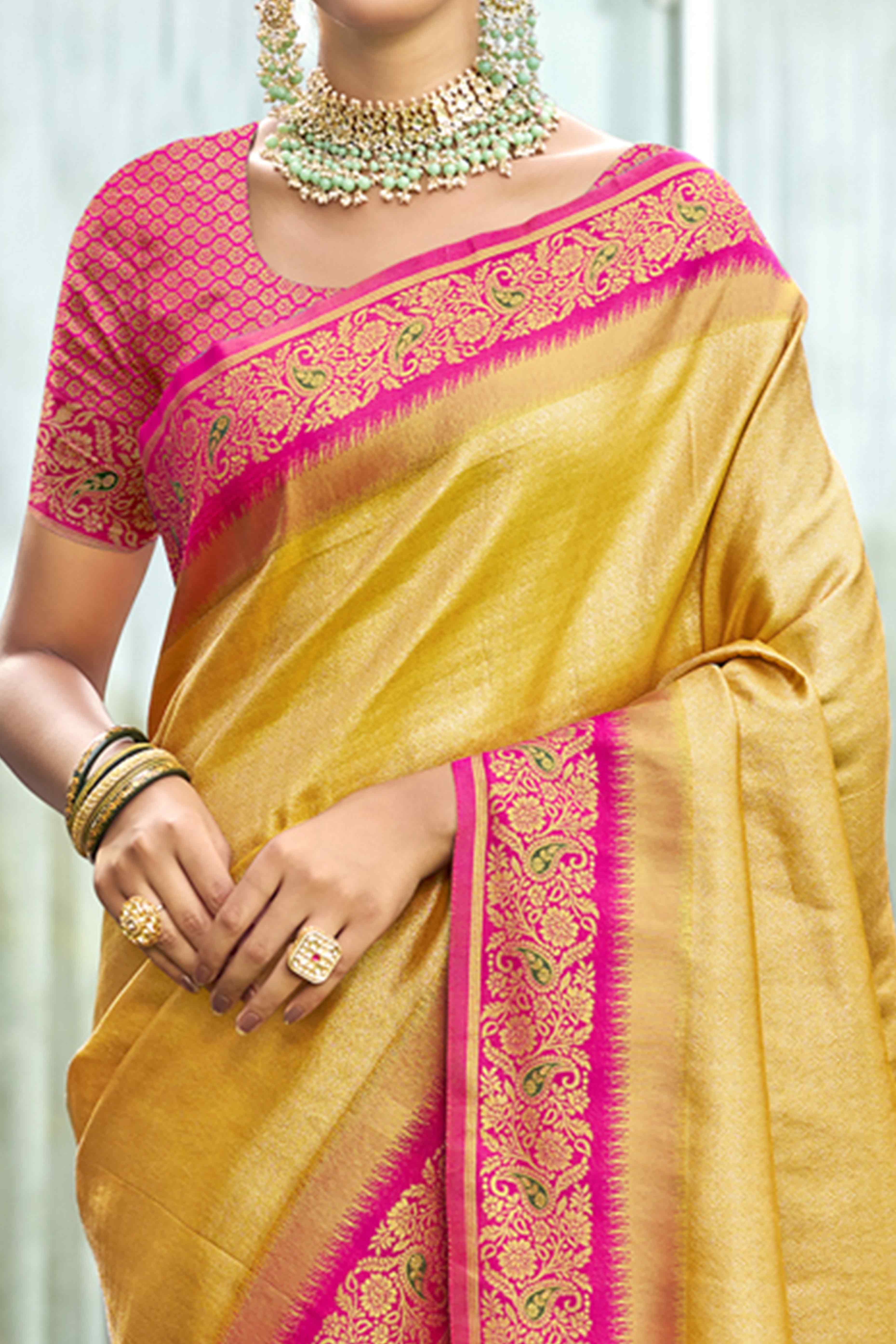 Mustard Zari Weaving Organza Saree