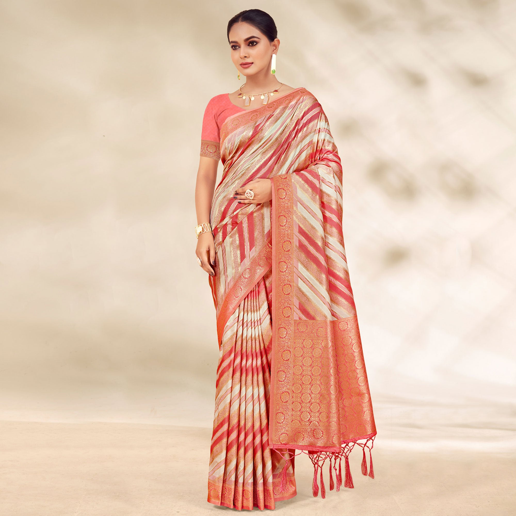 Peach Woven Cotton Silk Saree With Tassels