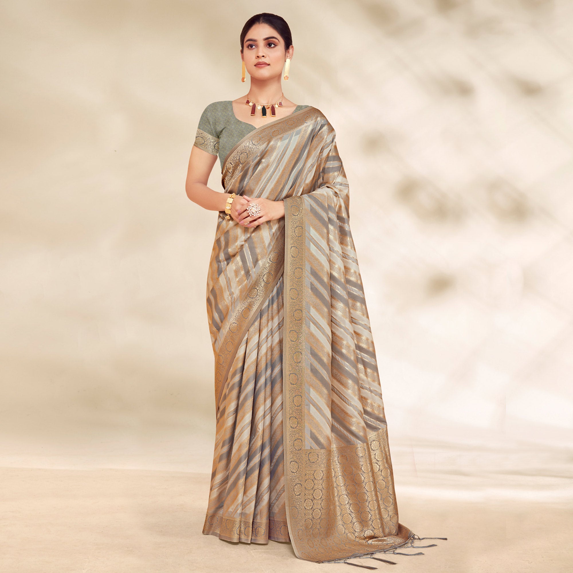 Grey Woven Cotton Silk Saree With Tassels