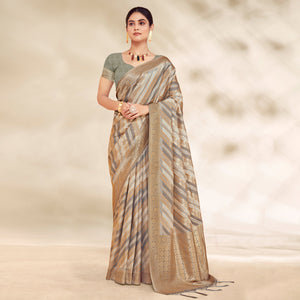 Grey Woven Cotton Silk Saree With Tassels
