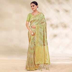Light Green Woven Cotton Silk Saree With Tassels