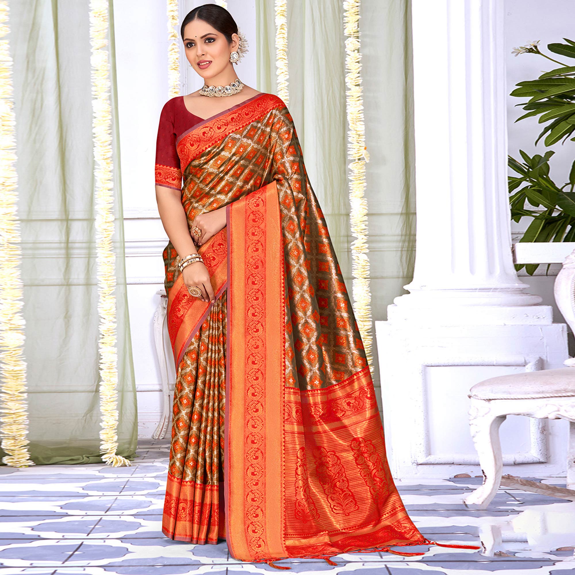 Red Woven Cotton Silk Saree With Tassels