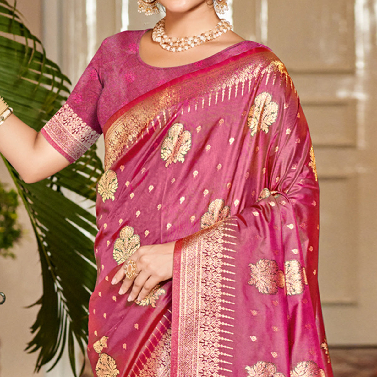 Pink Floral Woven Banarasi Silk Saree With Tassels