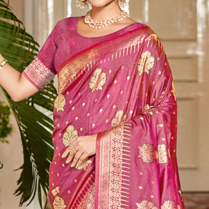 Pink Floral Woven Banarasi Silk Saree With Tassels