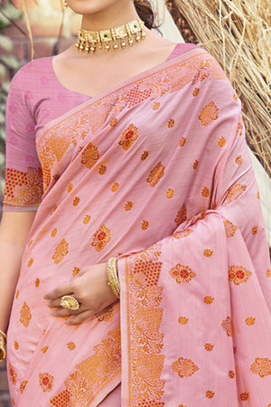 Pink Banarasi Silk Saree Adorned With Woven Zari Floral Motifs
