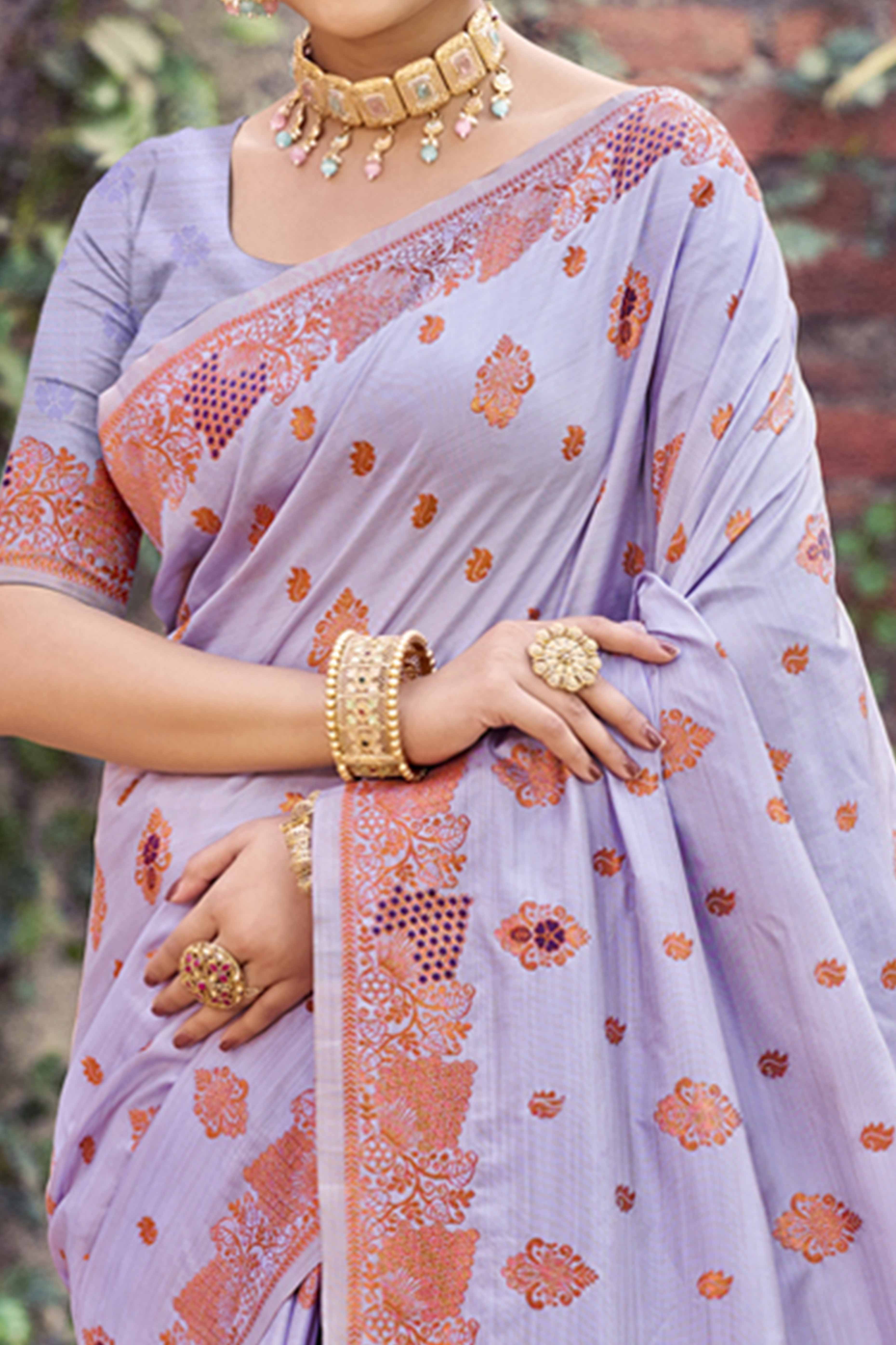 Lavender Banarasi Silk Saree Adorned With Woven Zari Floral Motifs