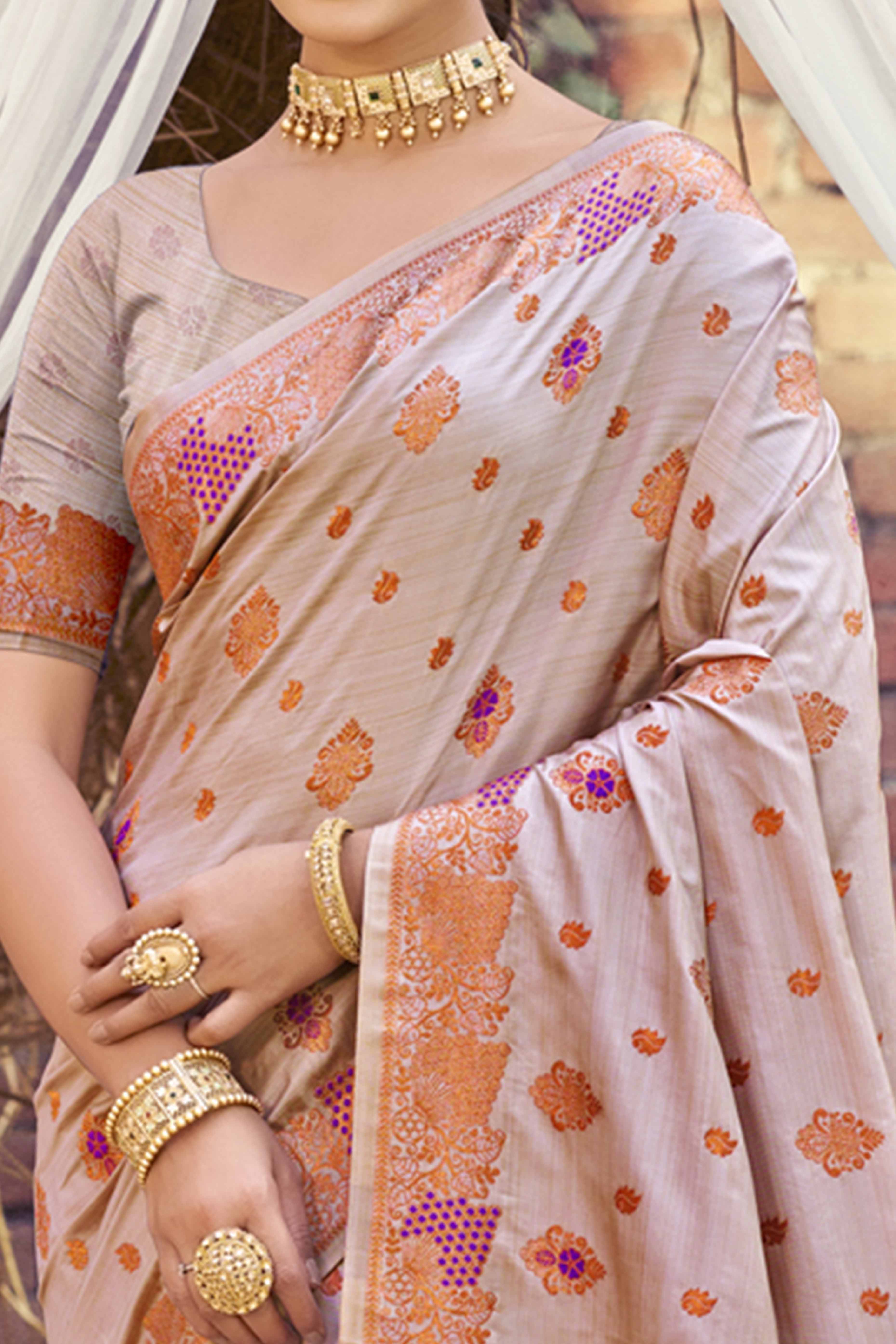 Dusty Grey Banarasi Silk Saree Adorned With Woven Zari Floral Motifs