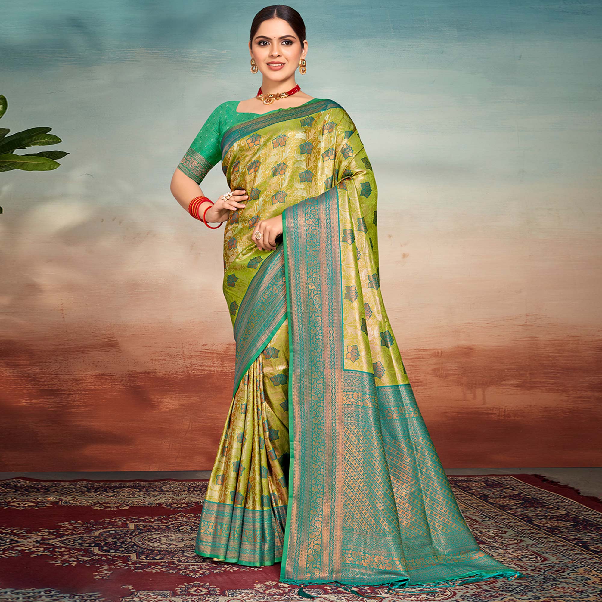 Green Floral Woven Kanjivaram Silk Saree With Tassels