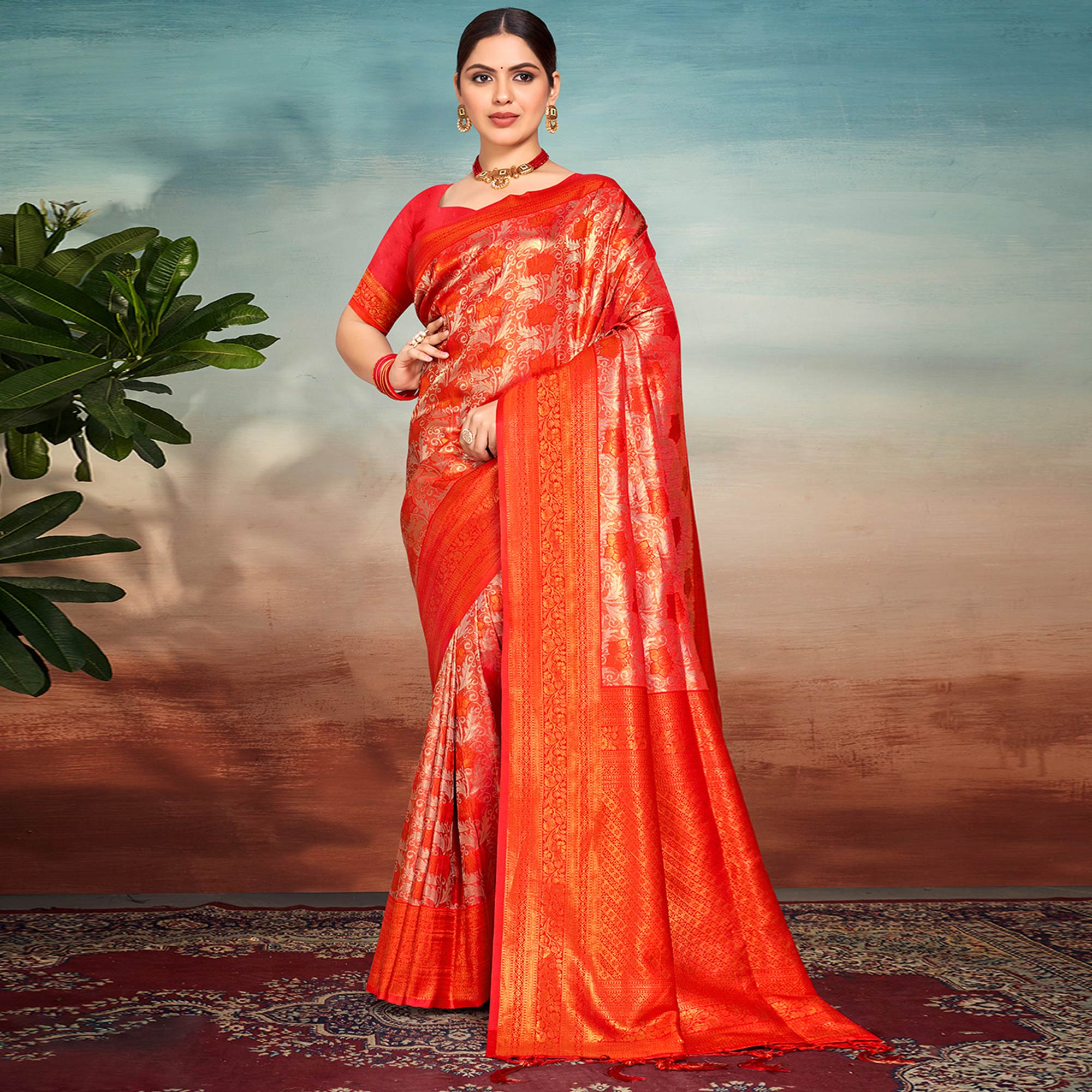 Red Floral Woven Kanjivaram Silk Saree With Tassels