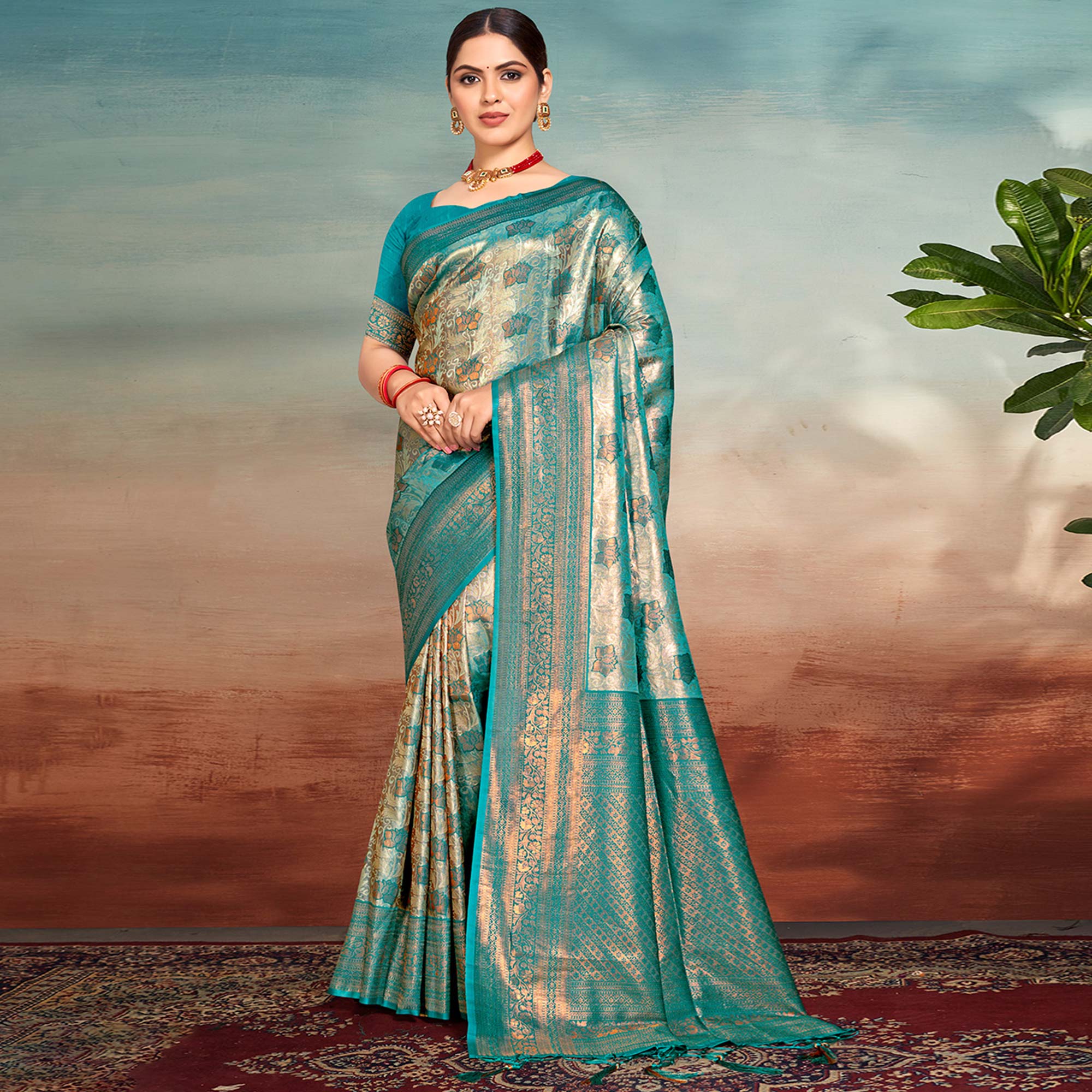 Turquoise Floral Woven Kanjivaram Silk Saree With Tassels