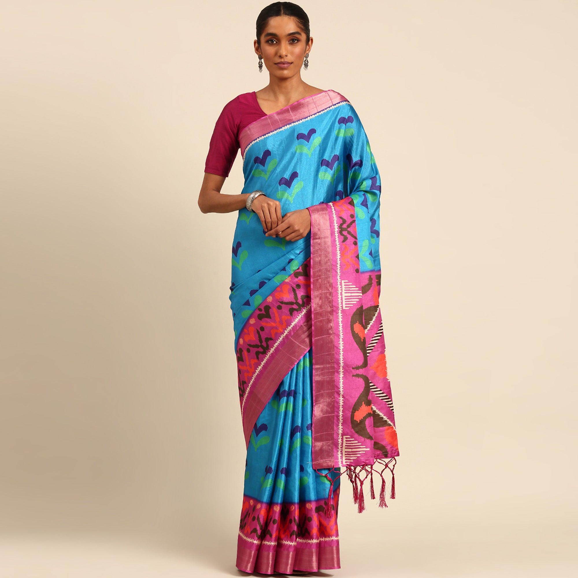 Blue Digital Printed Cotton Blend Saree With Woven Border