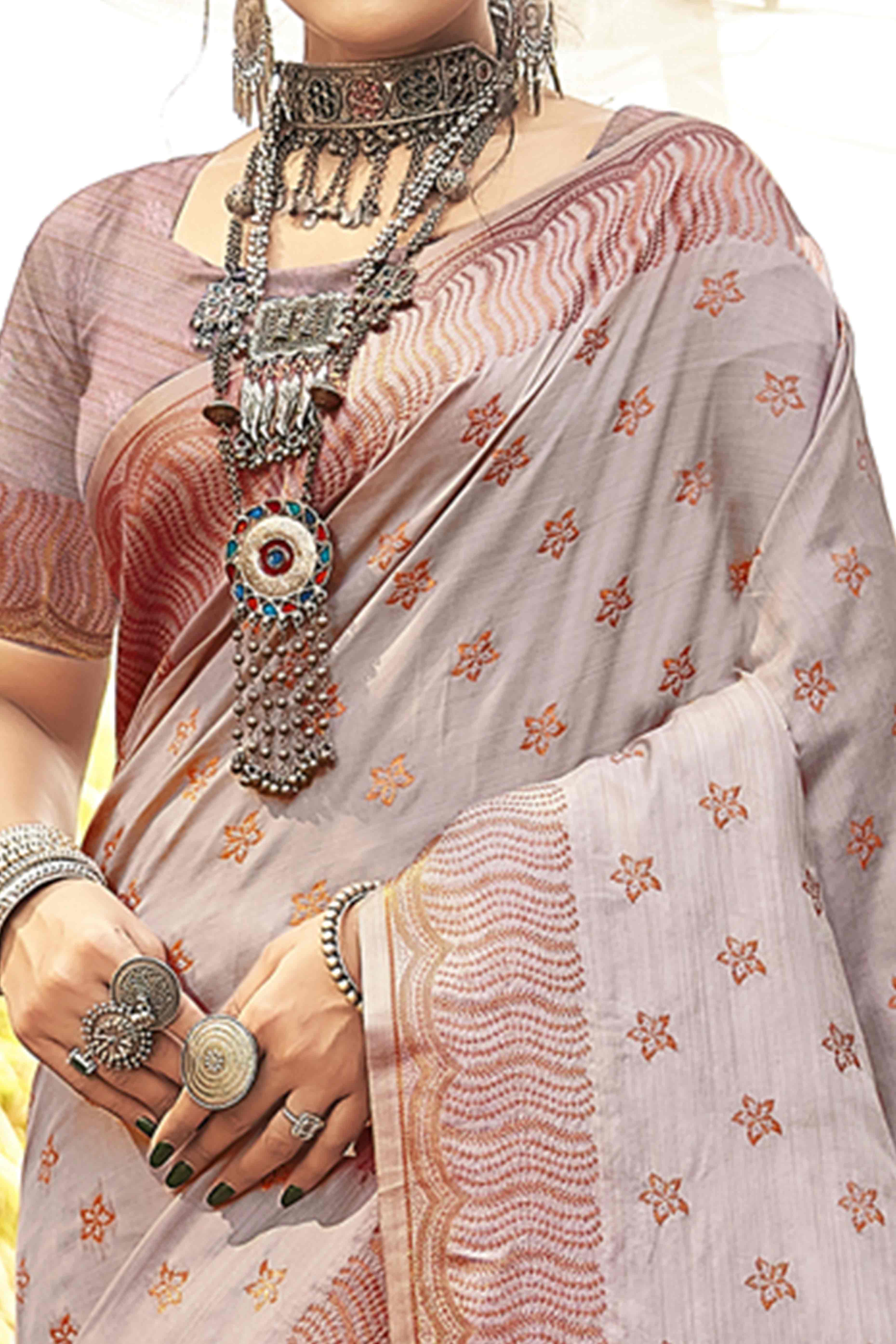 Dusty Grey Banarasi Silk Saree With Intricate Zari Woven Work