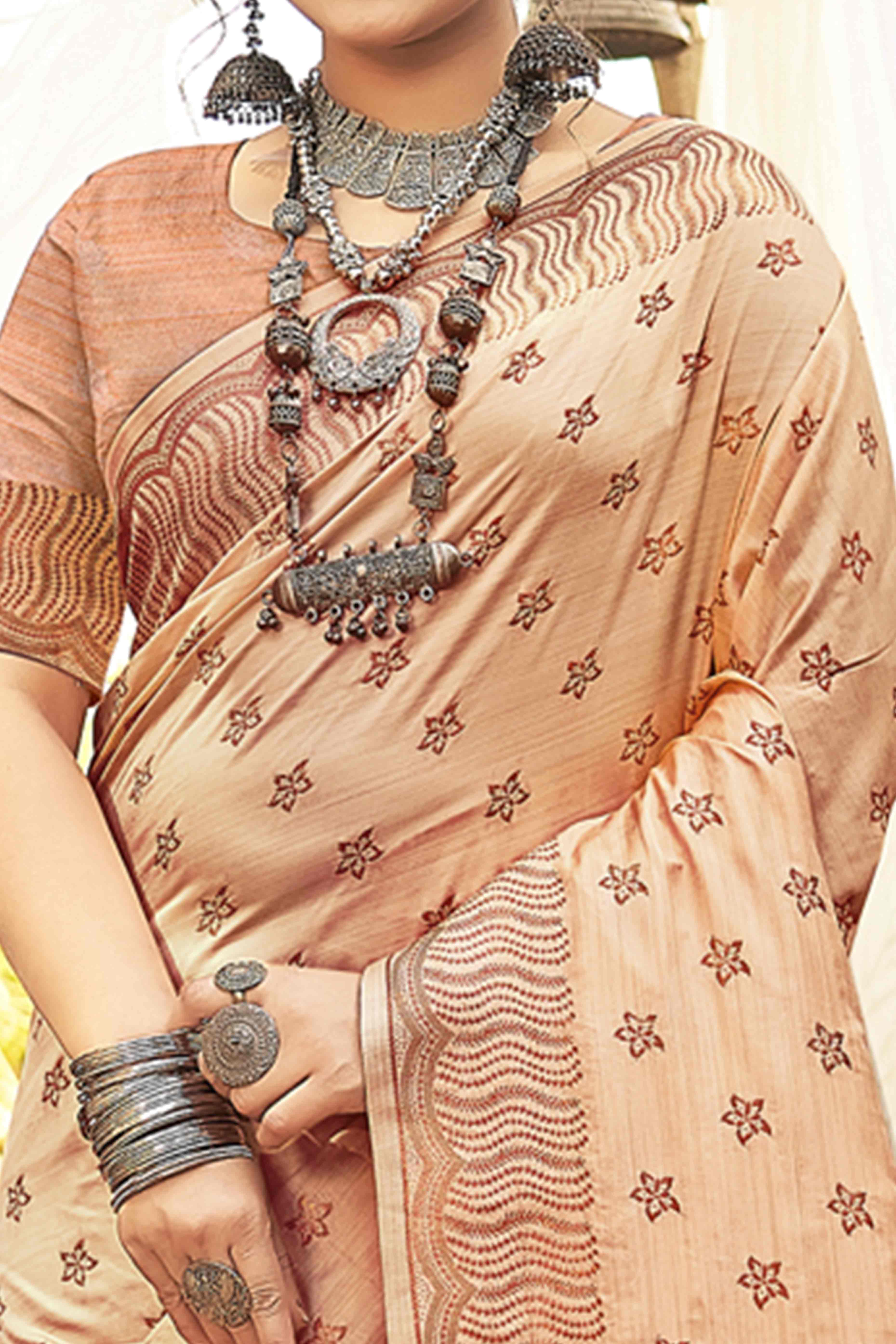 Peach Banarasi Silk Saree With Intricate Zari Woven Work