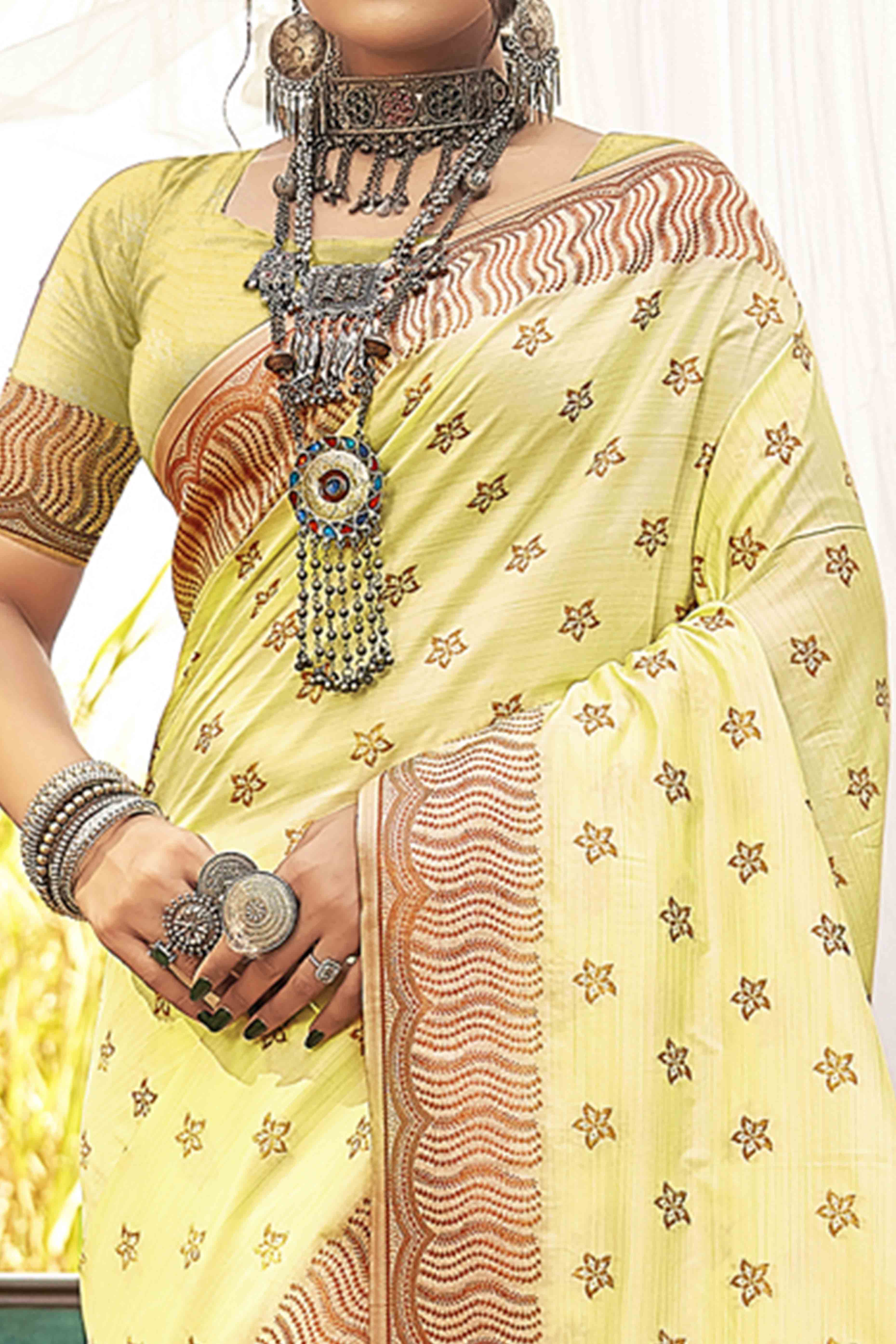 Yellow Banarasi Silk Saree With Intricate Zari Woven Work