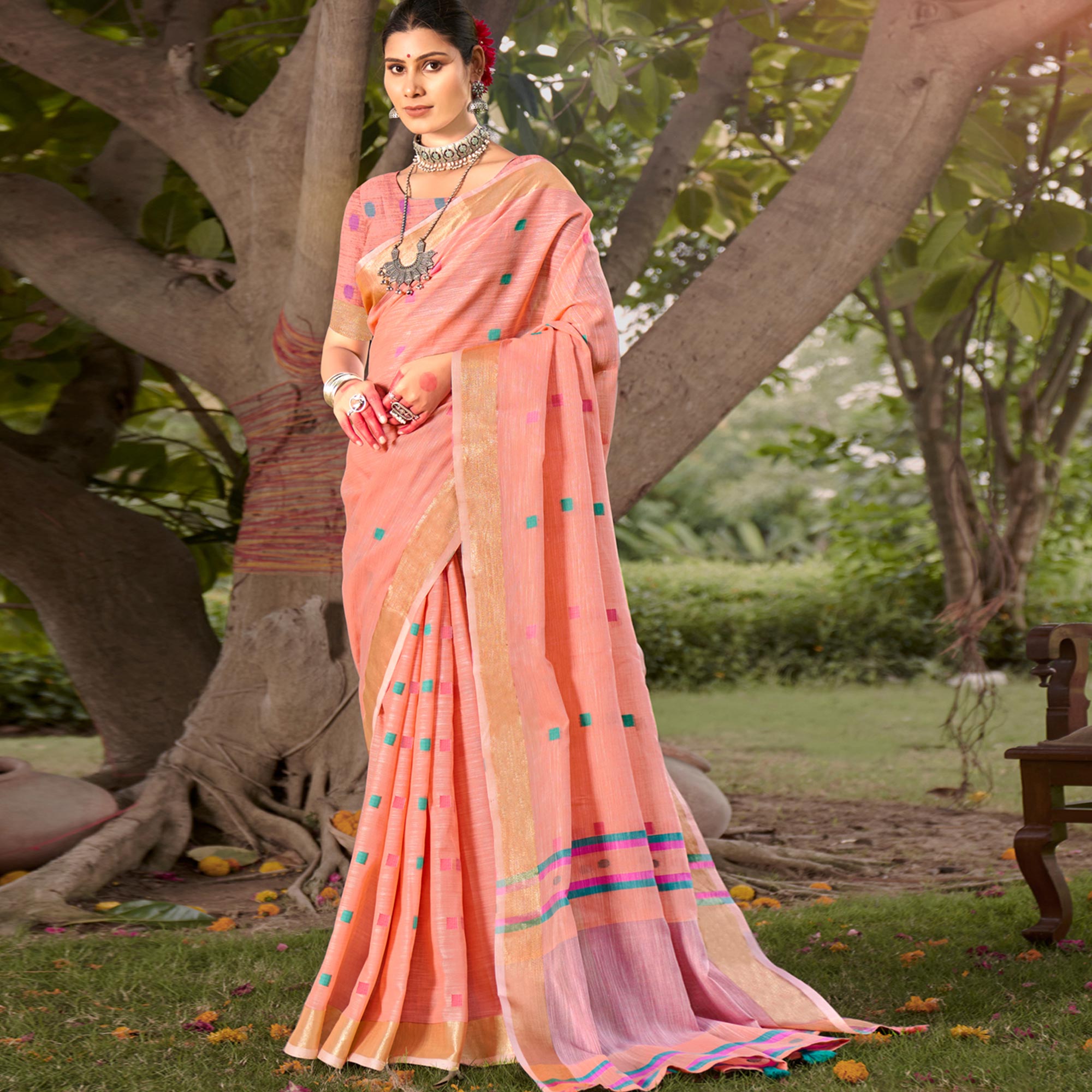 Peach Woven Cotton Blend Saree With Tassels