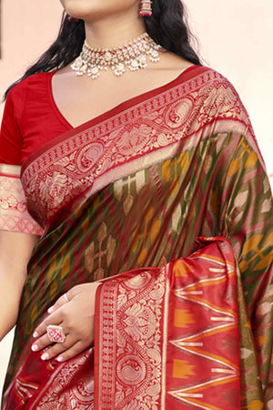 Green & Red Woven Cotton Silk Saree With Tassels