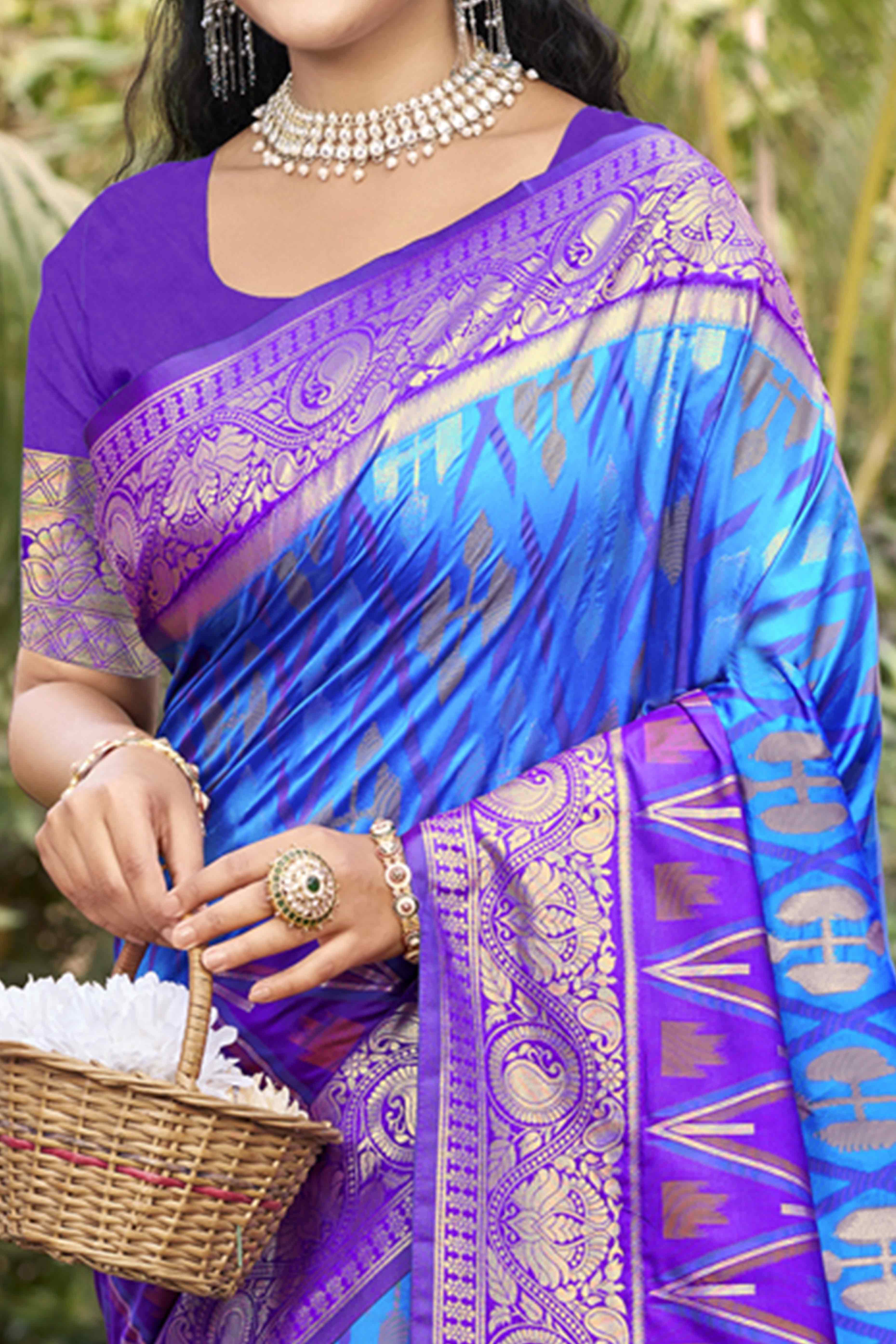Blue & Purple Woven Cotton Silk Saree With Tassels