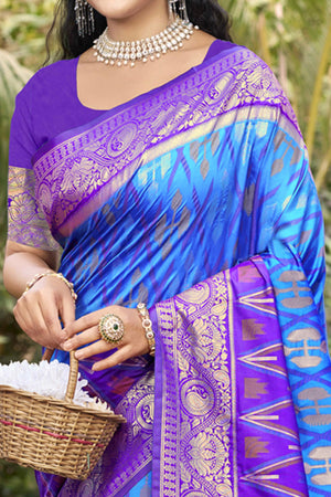 Blue & Purple Woven Cotton Silk Saree With Tassels