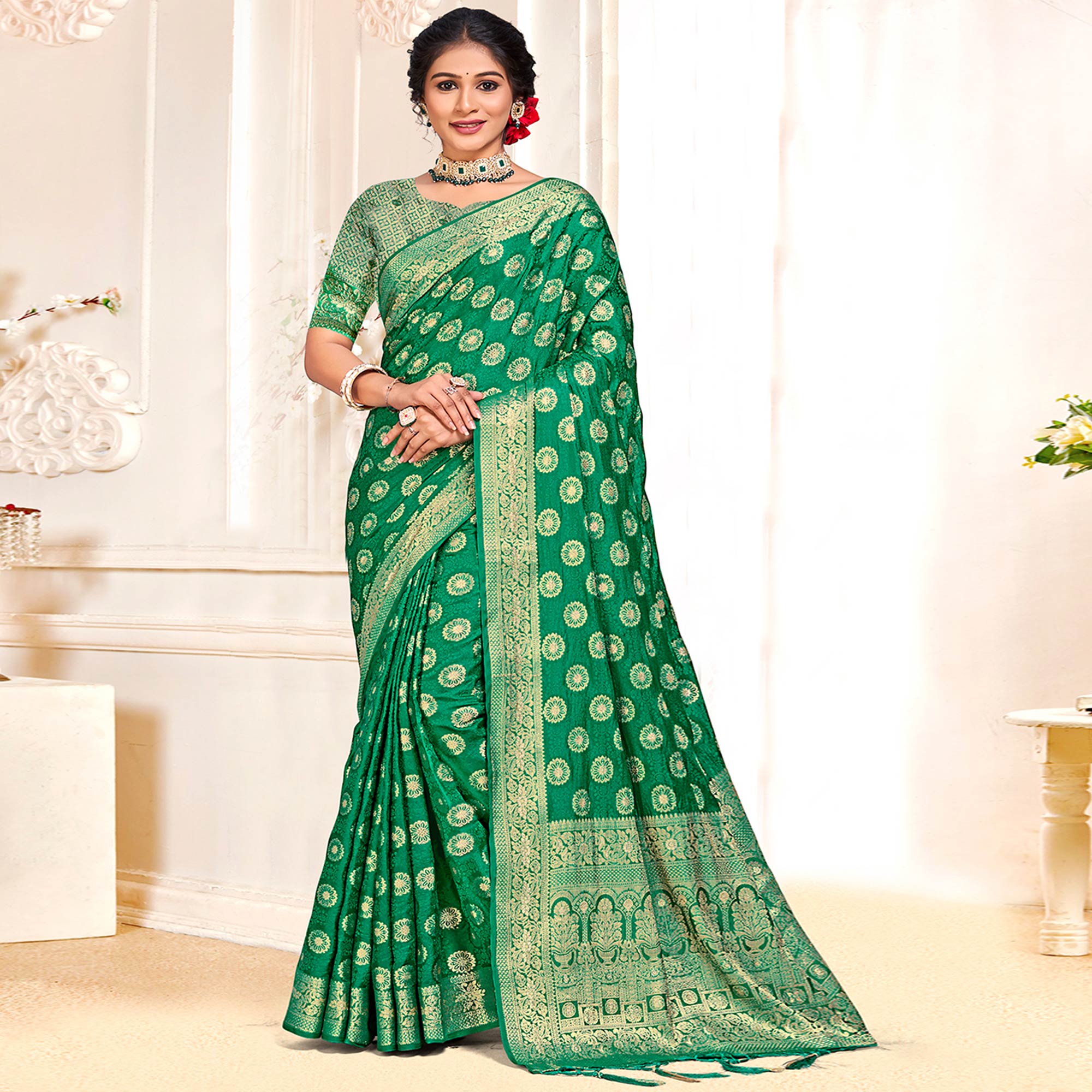 Green Floral Woven Cotton Silk Saree With Tassels