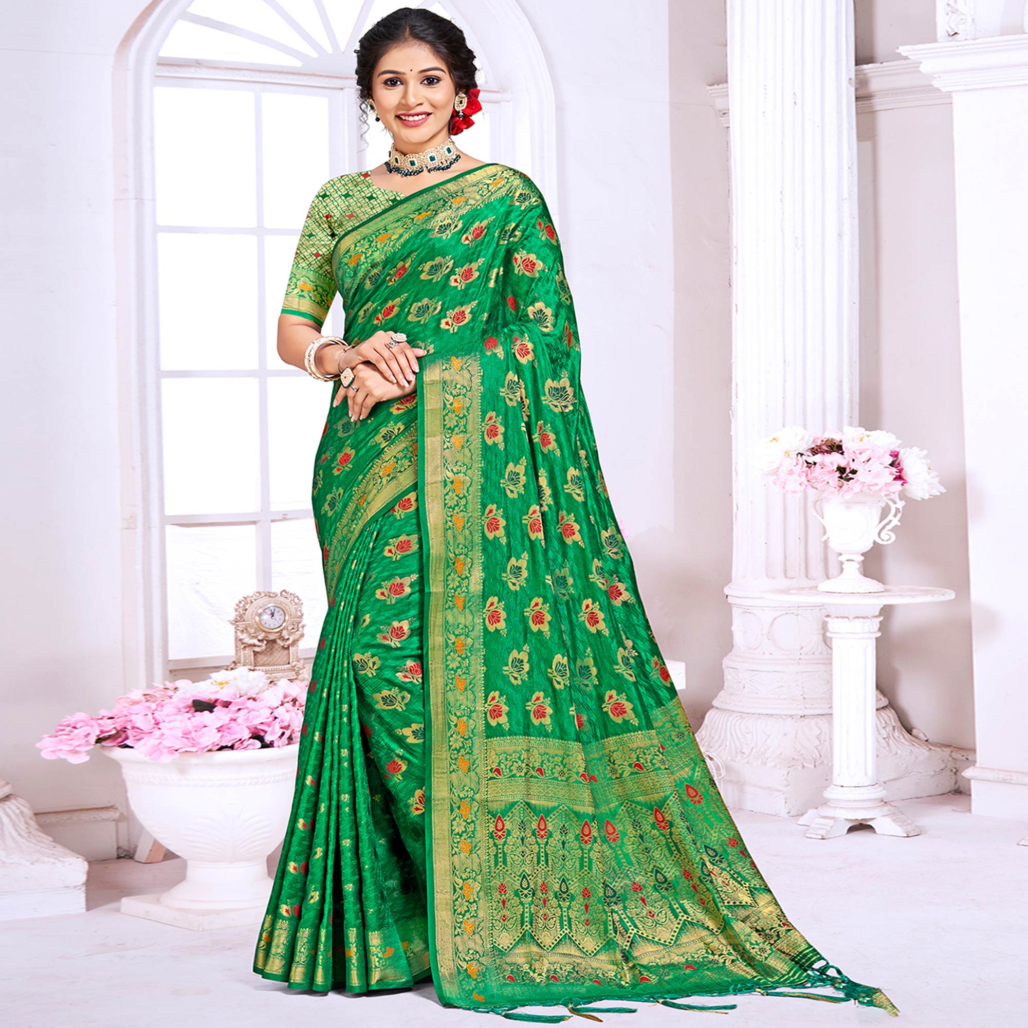 Green Floral Woven Cotton Silk Saree With Tassels