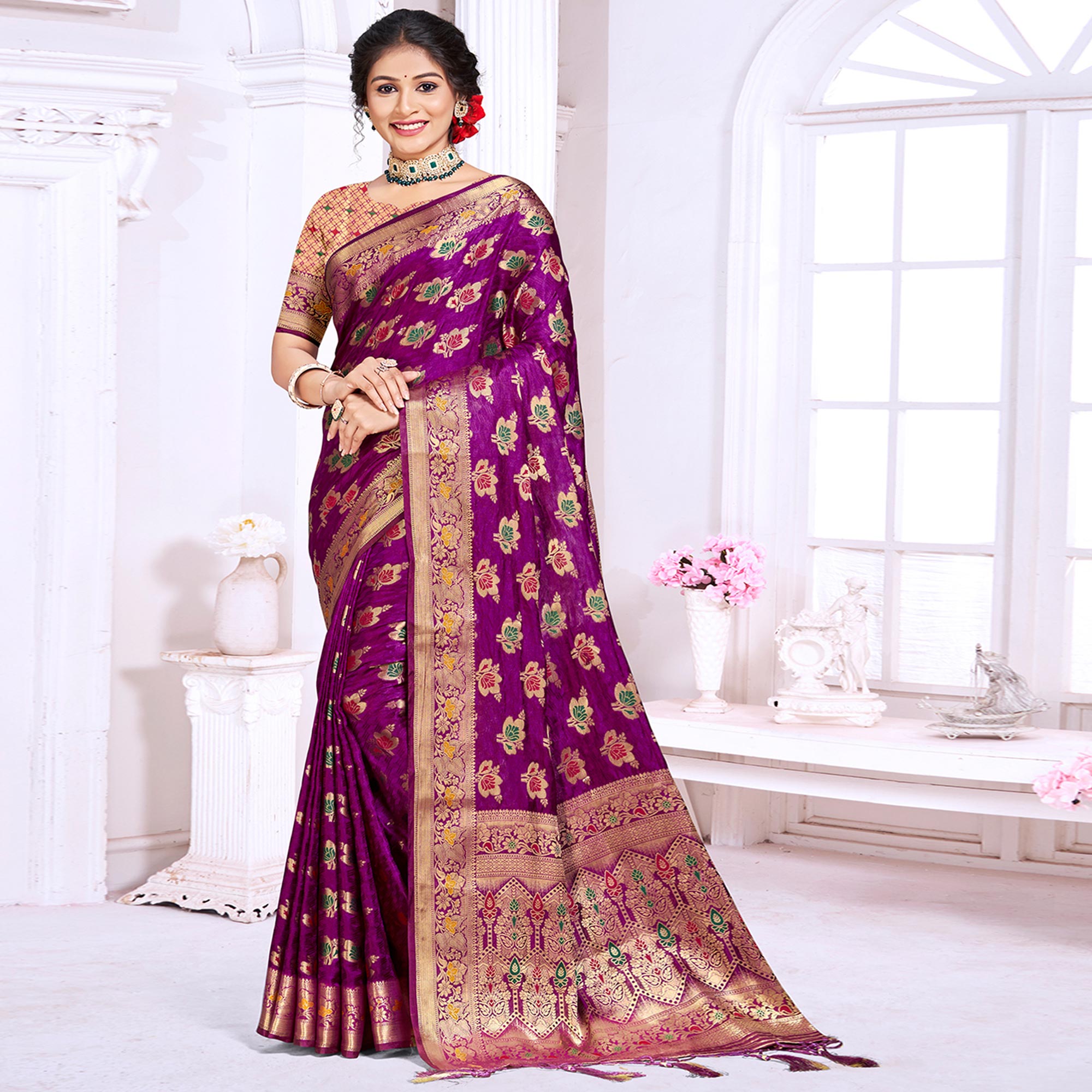 Purple Floral Woven Cotton Silk Saree With Tassels