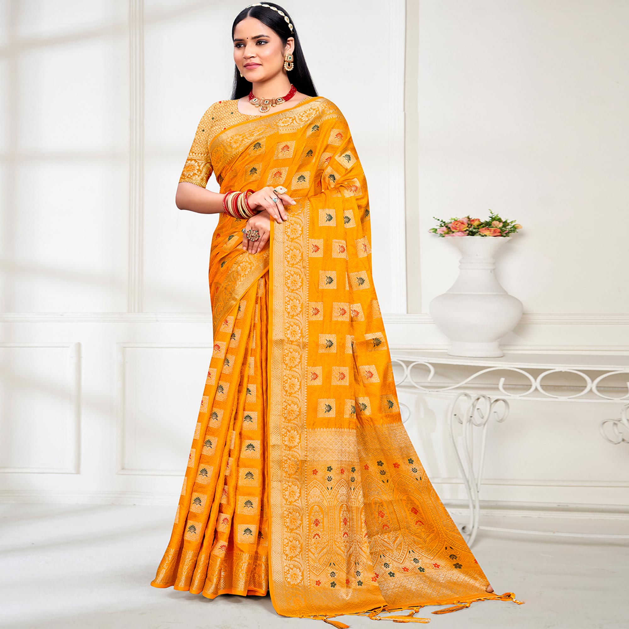 Mustard Floral Woven Cotton Silk Saree With Tassels