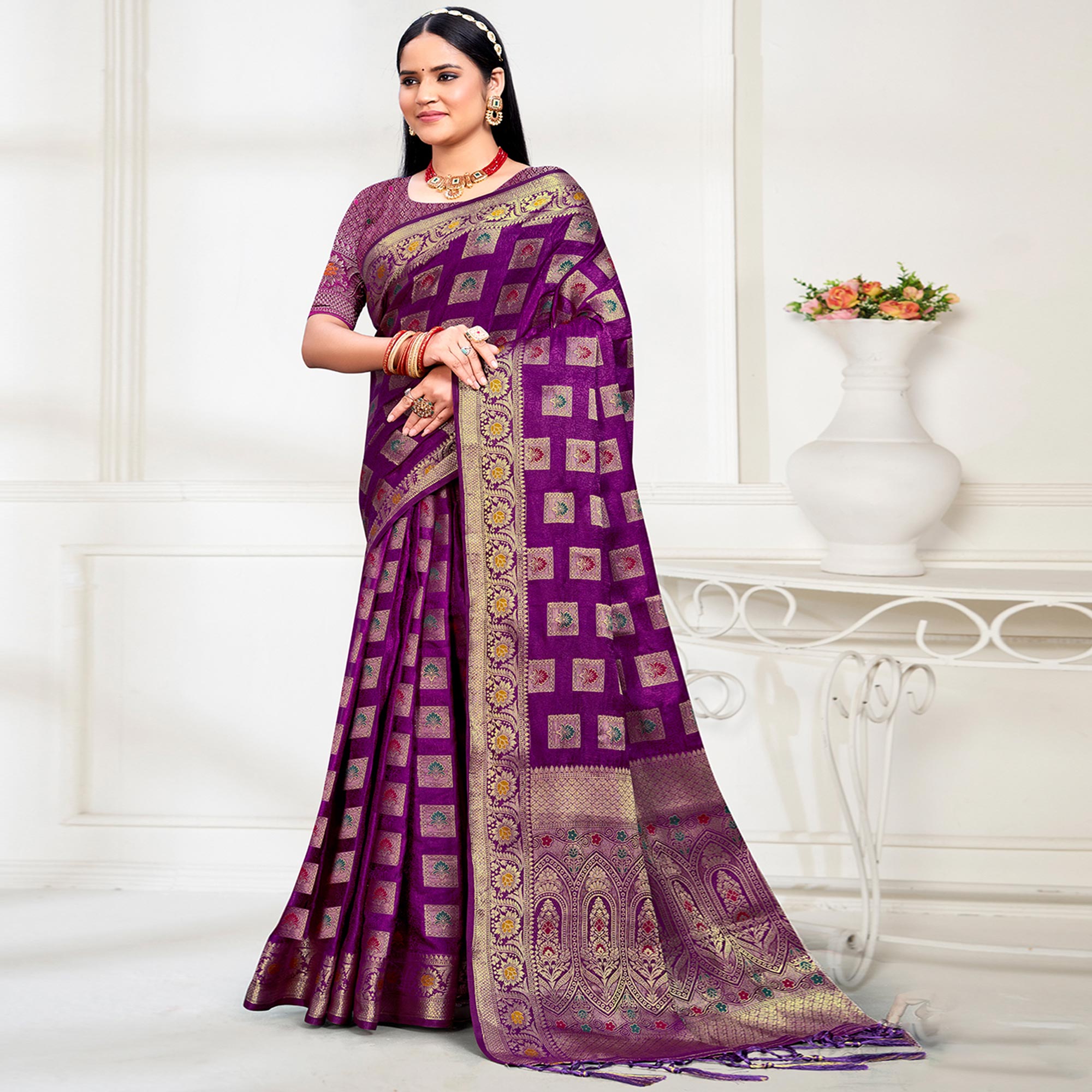 Purple Floral Woven Cotton Silk Saree With Tassels