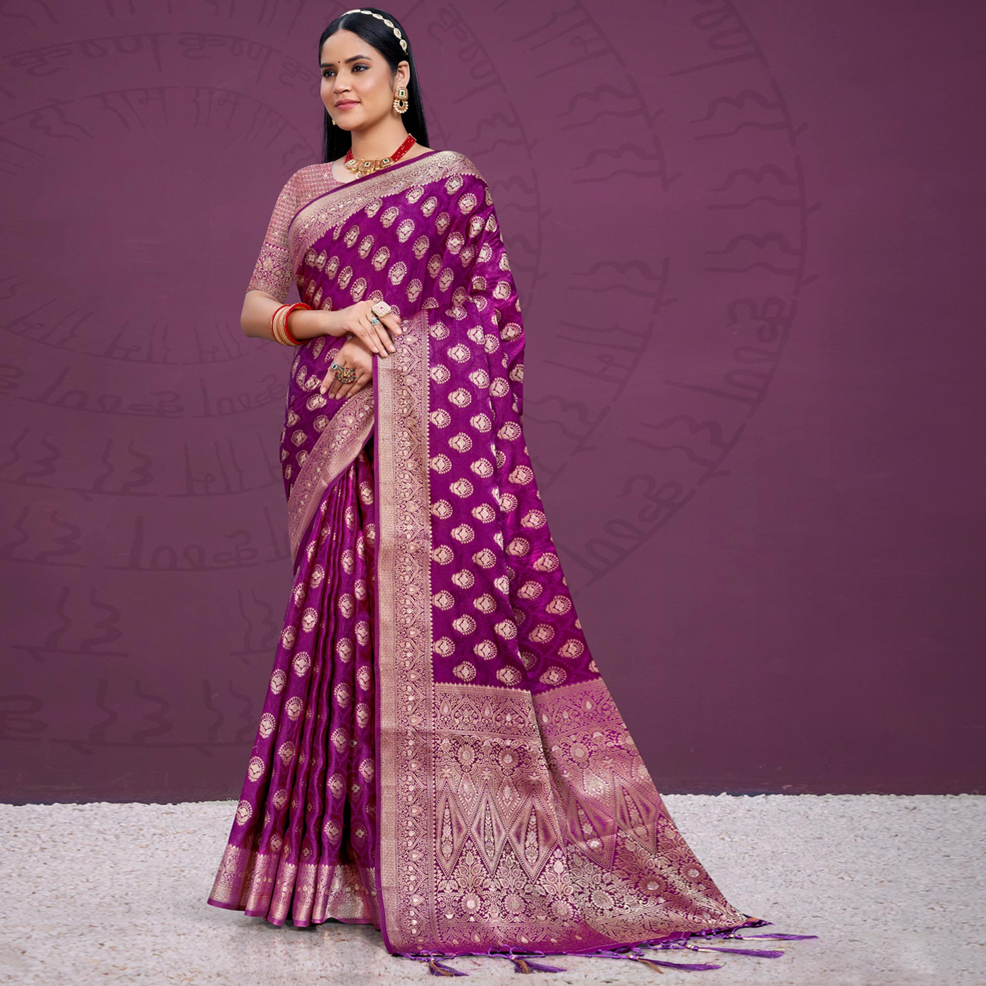Purple Floral Woven Cotton Silk Saree With Tassels