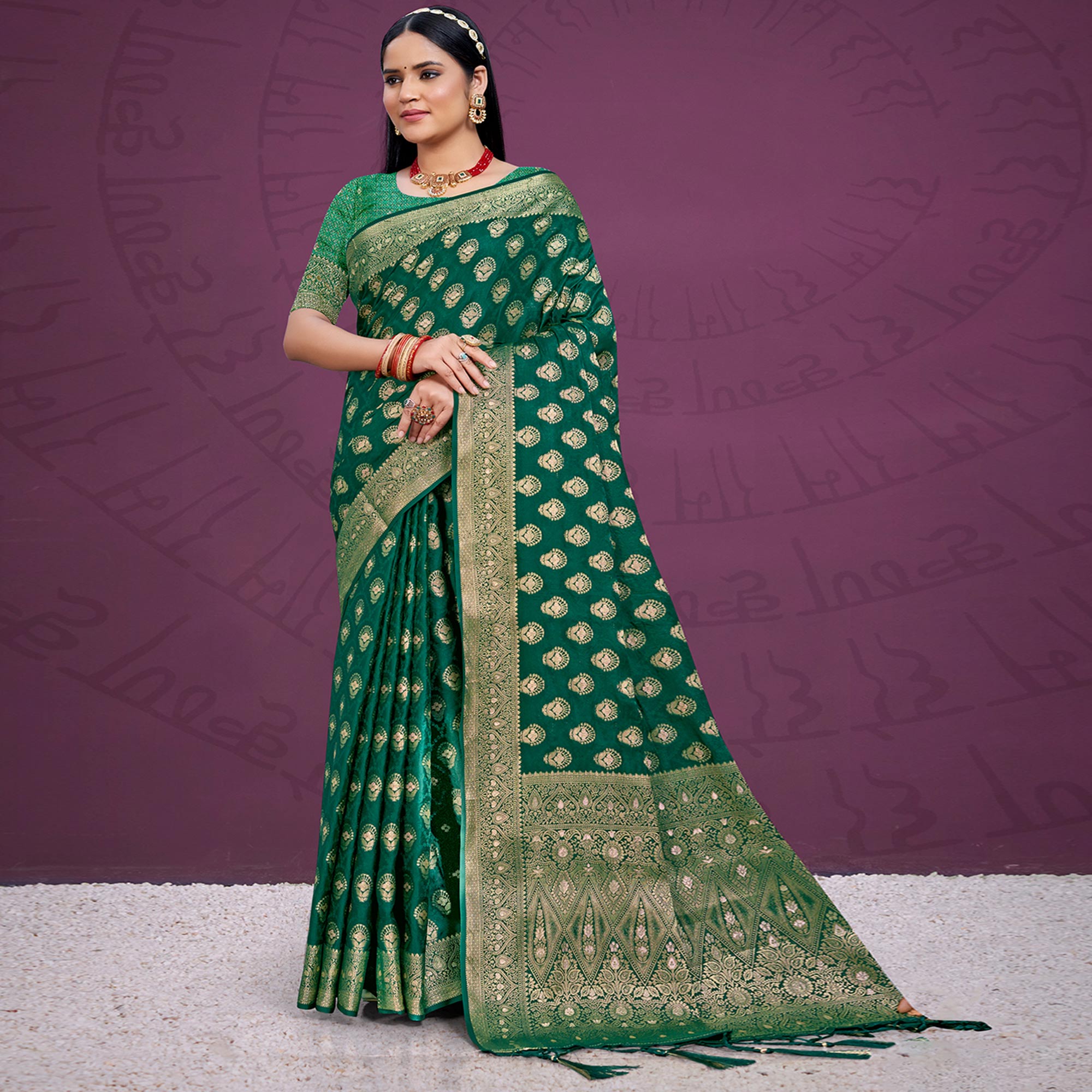 Green Floral Woven Cotton Silk Saree With Tassels