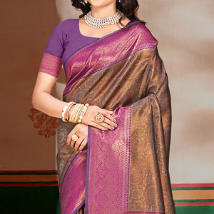 Brown & Purple Woven Vichitra Silk Saree With Tassels