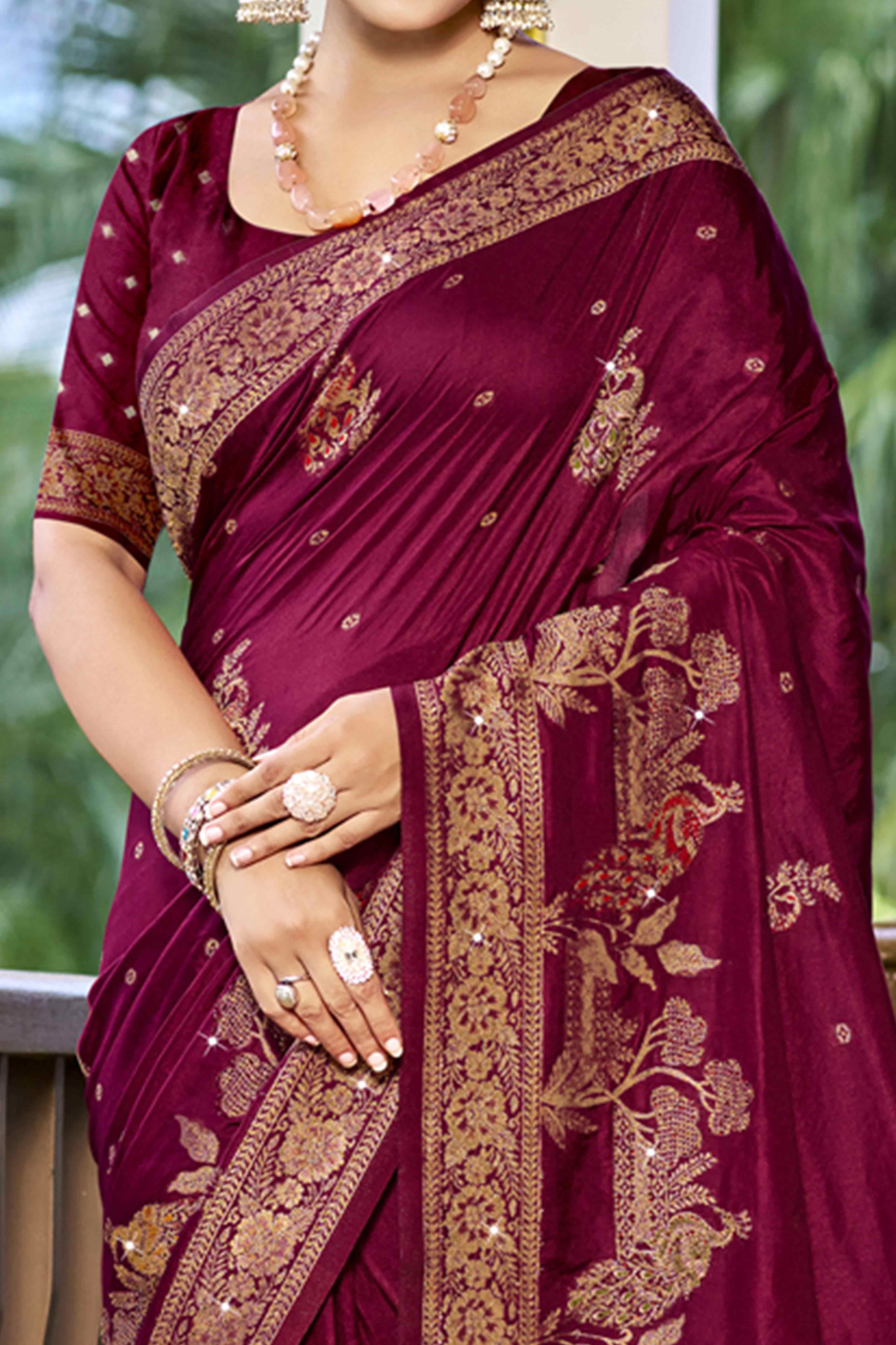 Wine Stone Work Weaving Satin Silk Saree