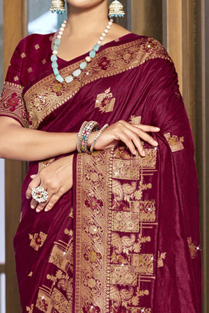 Wine Stone Work Weaving Satin Silk Saree