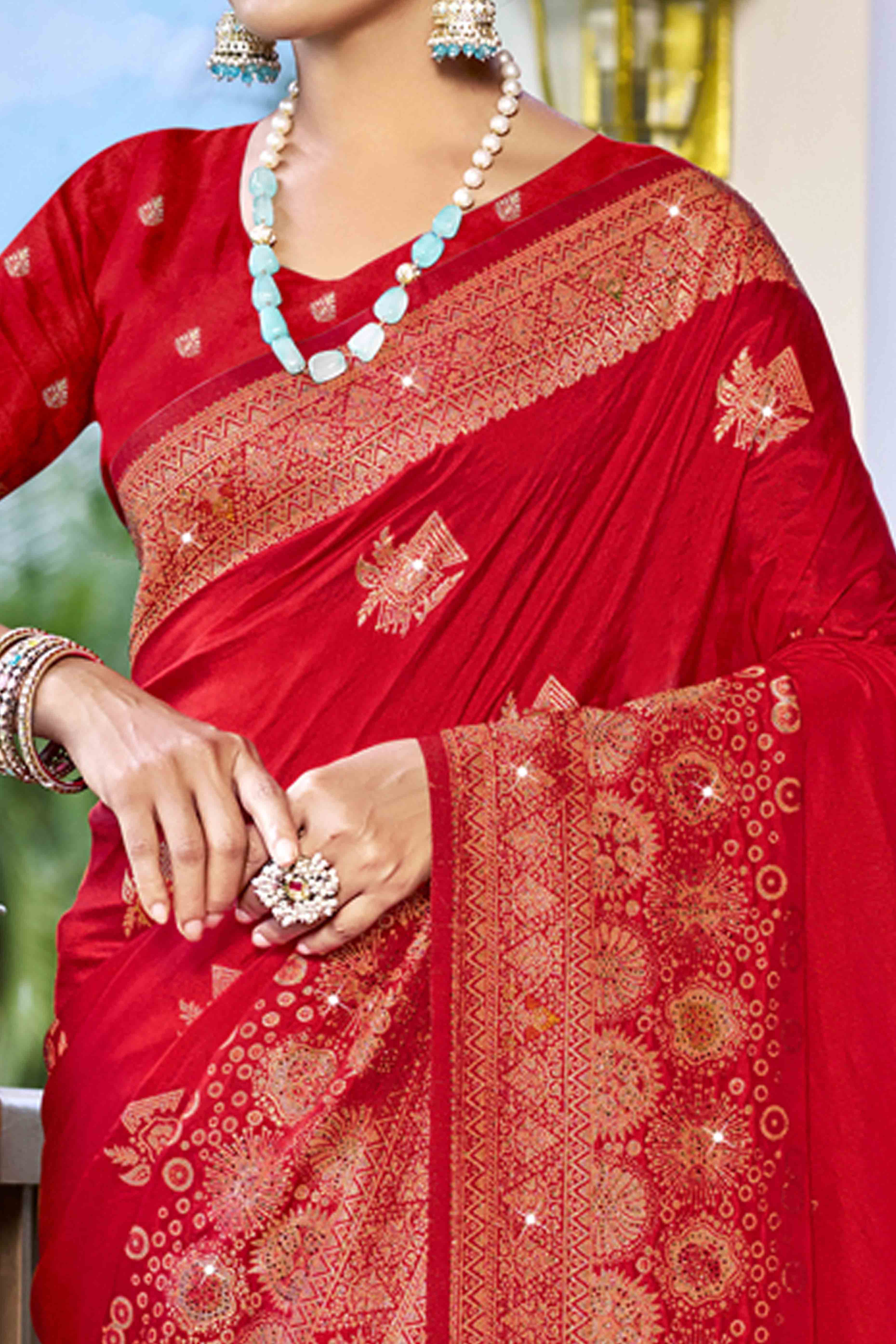 Red Stone Work Weaving Satin Silk Saree