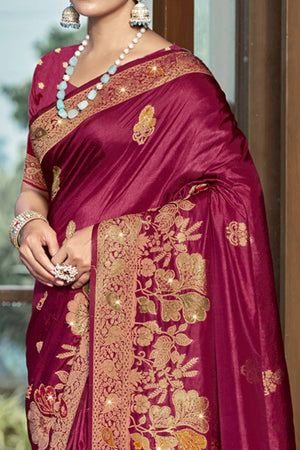 Dark Magenta Floral Woven With Swarovski Work Pure Silk Saree With Tassels