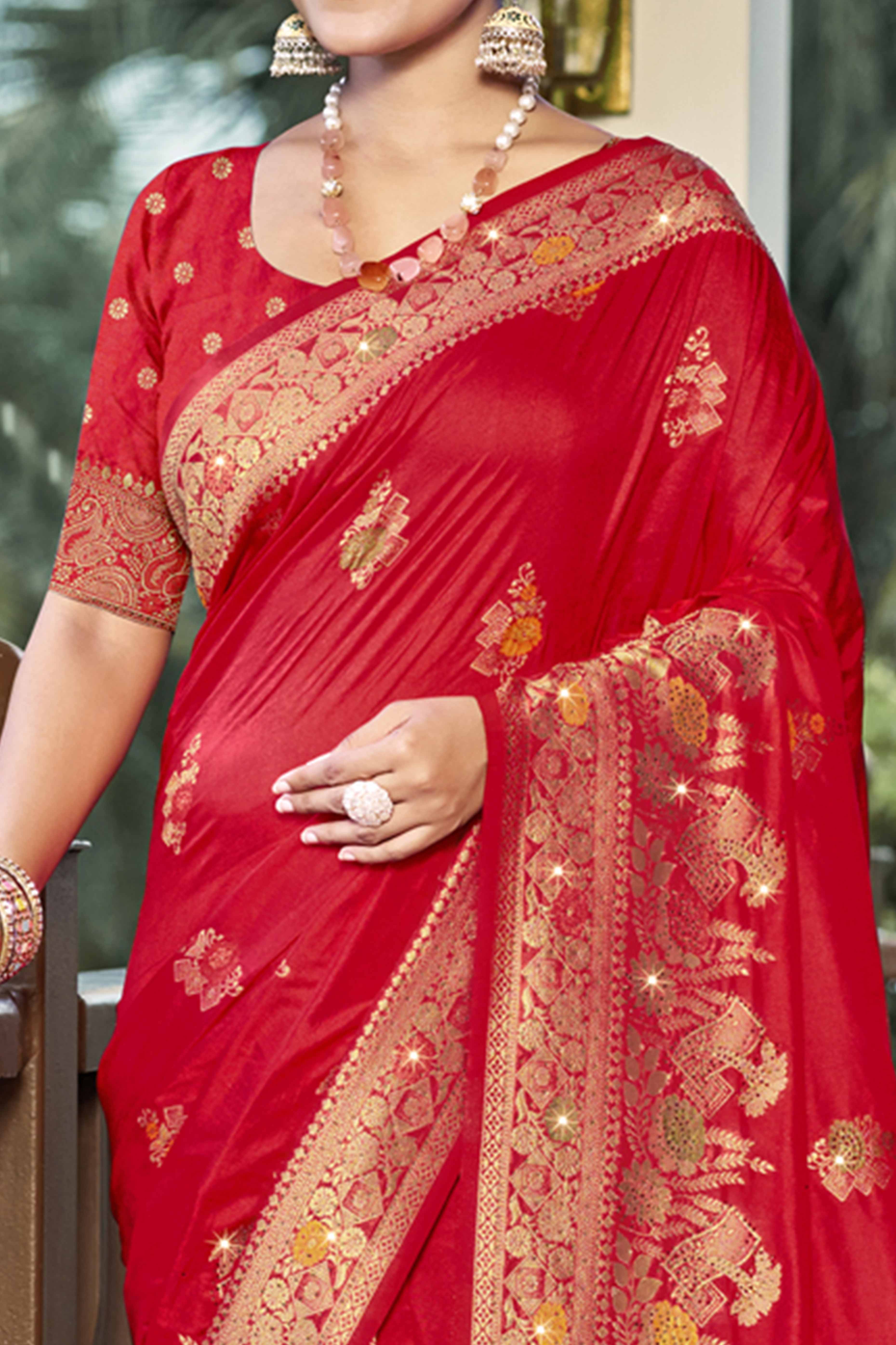 Red Floral Woven With Swarovski Work Pure Silk Saree With Tassels