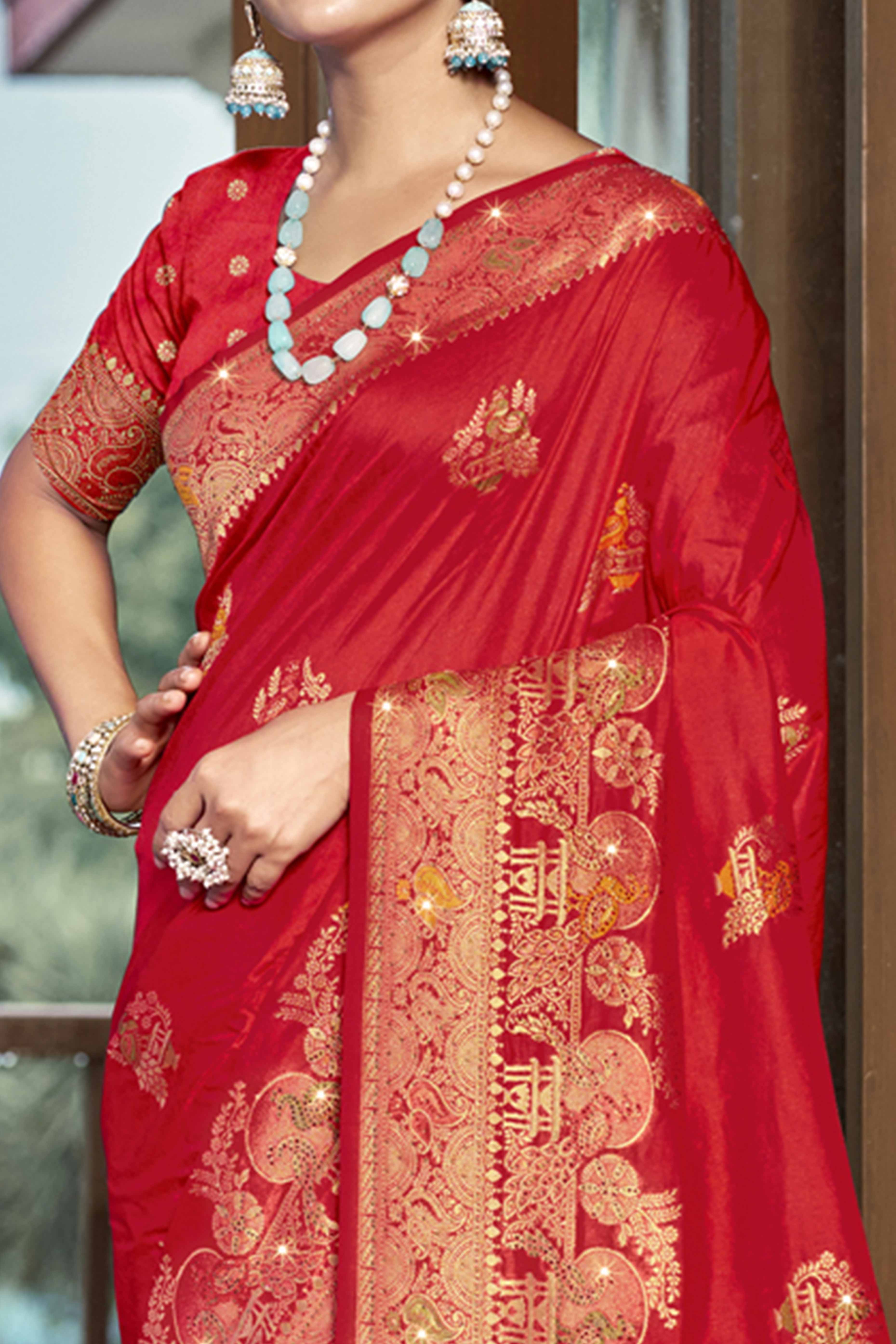 Red Floral Woven With Swarovski Work Pure Silk Saree With Tassels