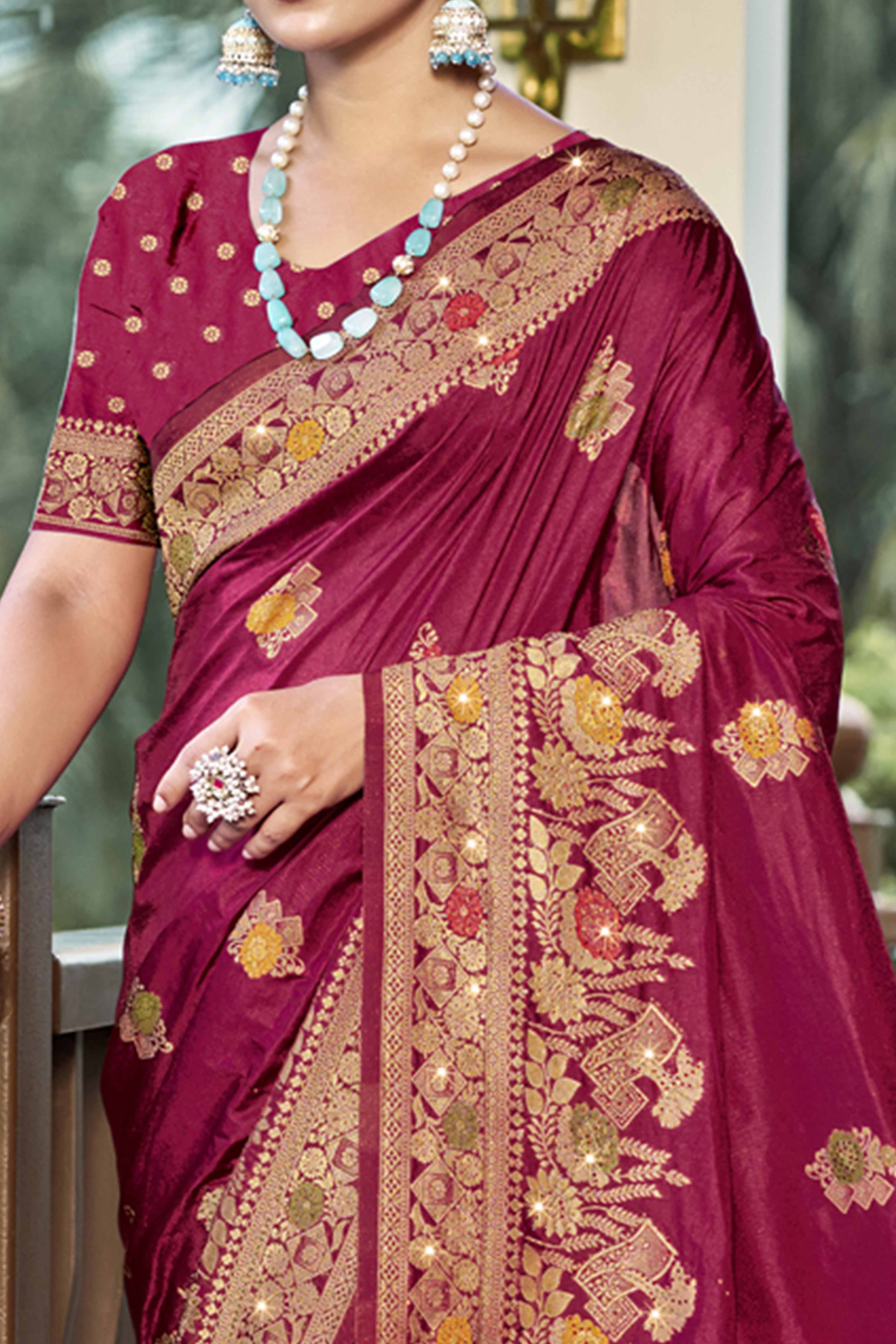Dark Magenta Floral Woven With Swarovski Work Pure Silk Saree With Tassels